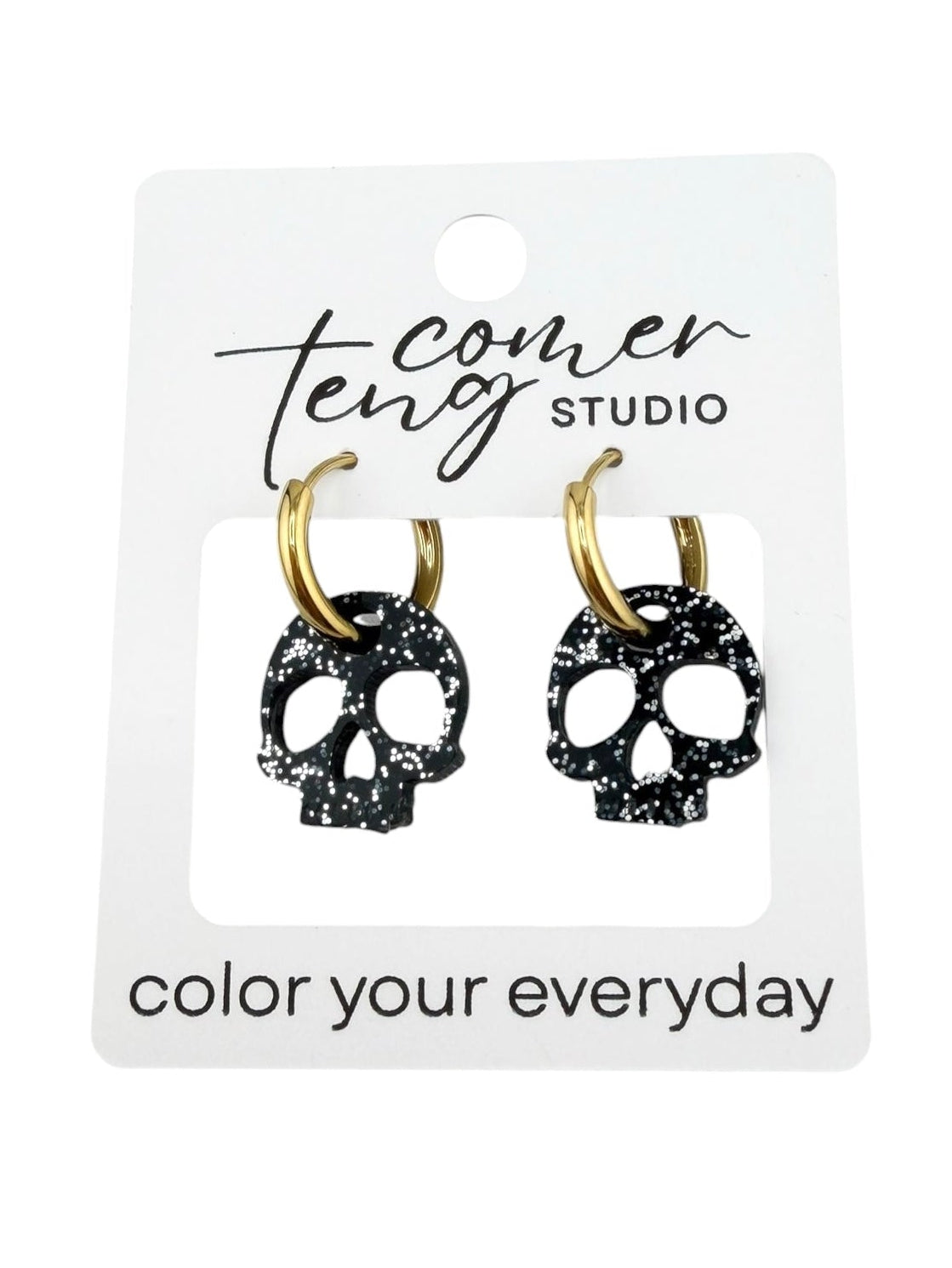 Black Sparkle Skull Charm Hoop Earrings | Interchangeable Halloween Earrings
