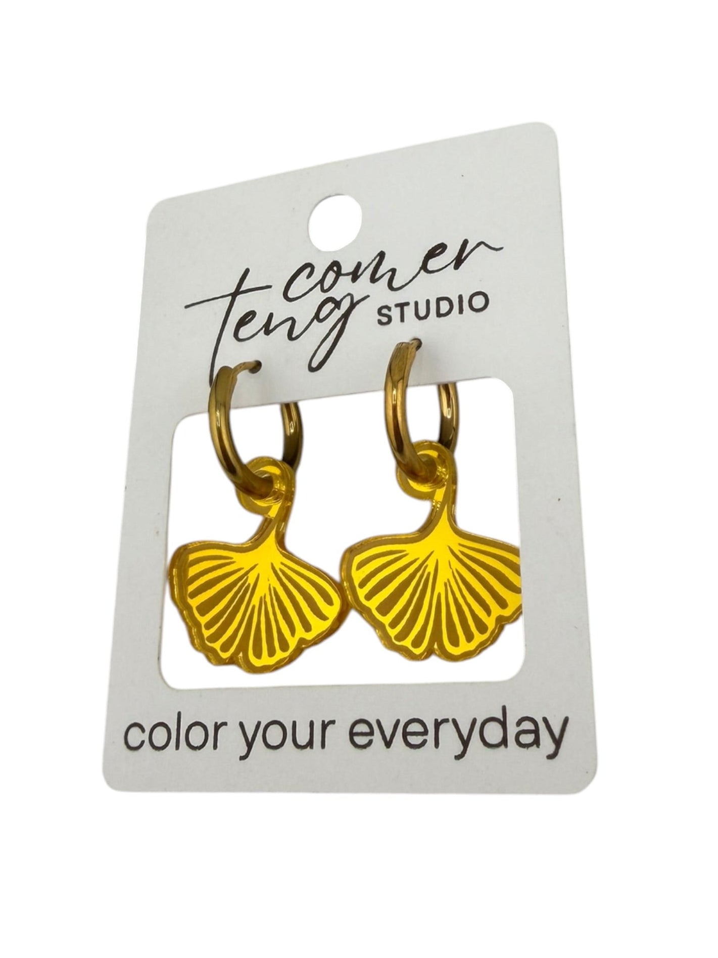 Yellow Ginkgo Leaf Charm Hoop Earrings