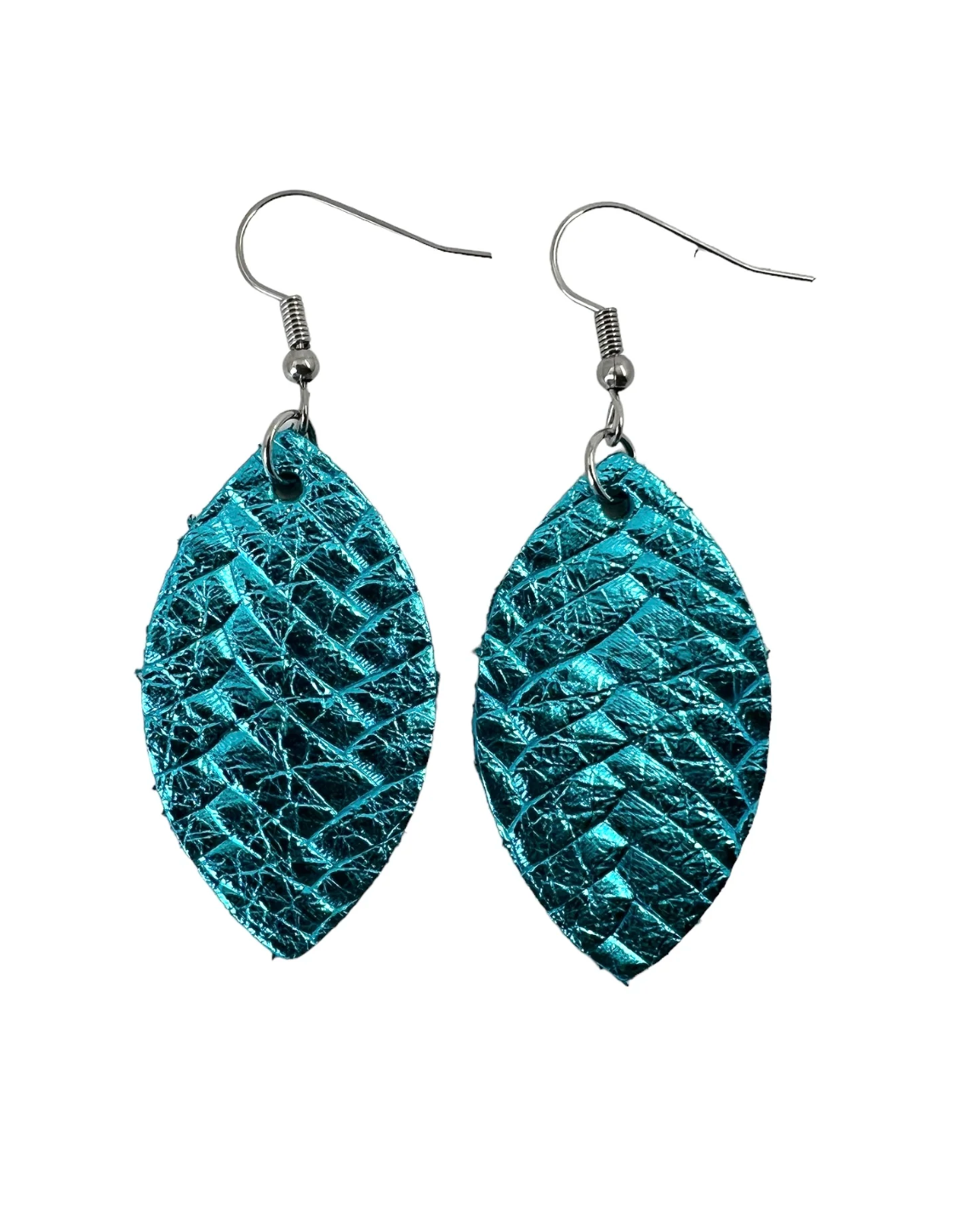 Metallic Turquoise Fishtail Leather Leaf Earrings