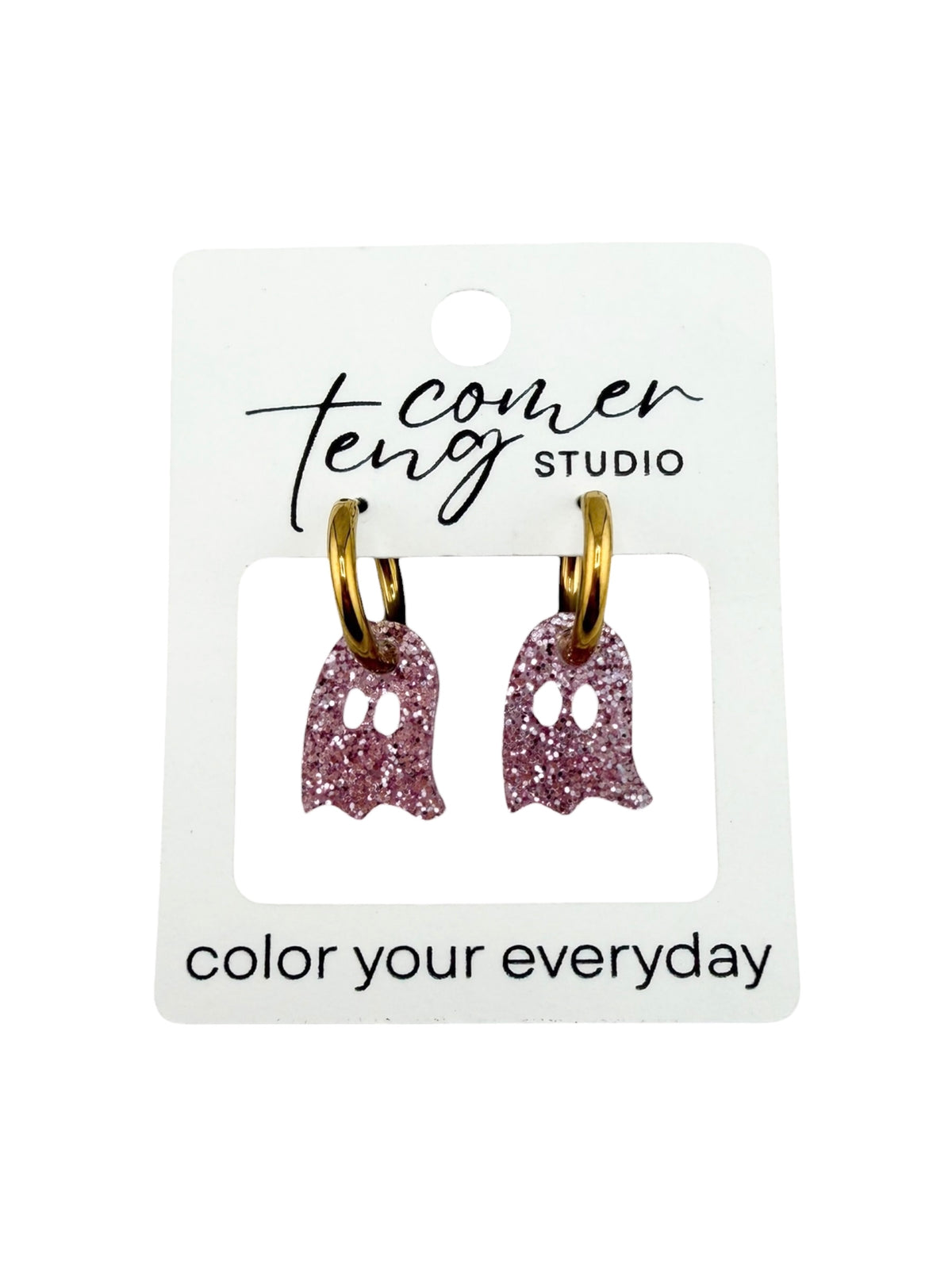 Pink Sparkle Ghost Charm Hoop Earrings | Interchangeable Halloween Earrings