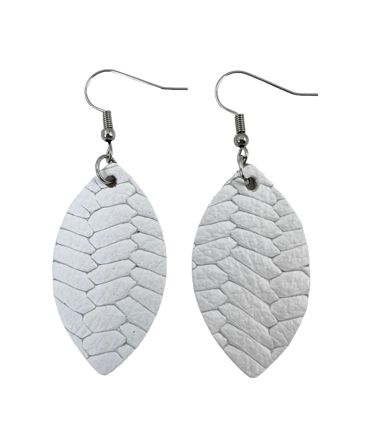 White Fishtail Leather Leaf Earrings