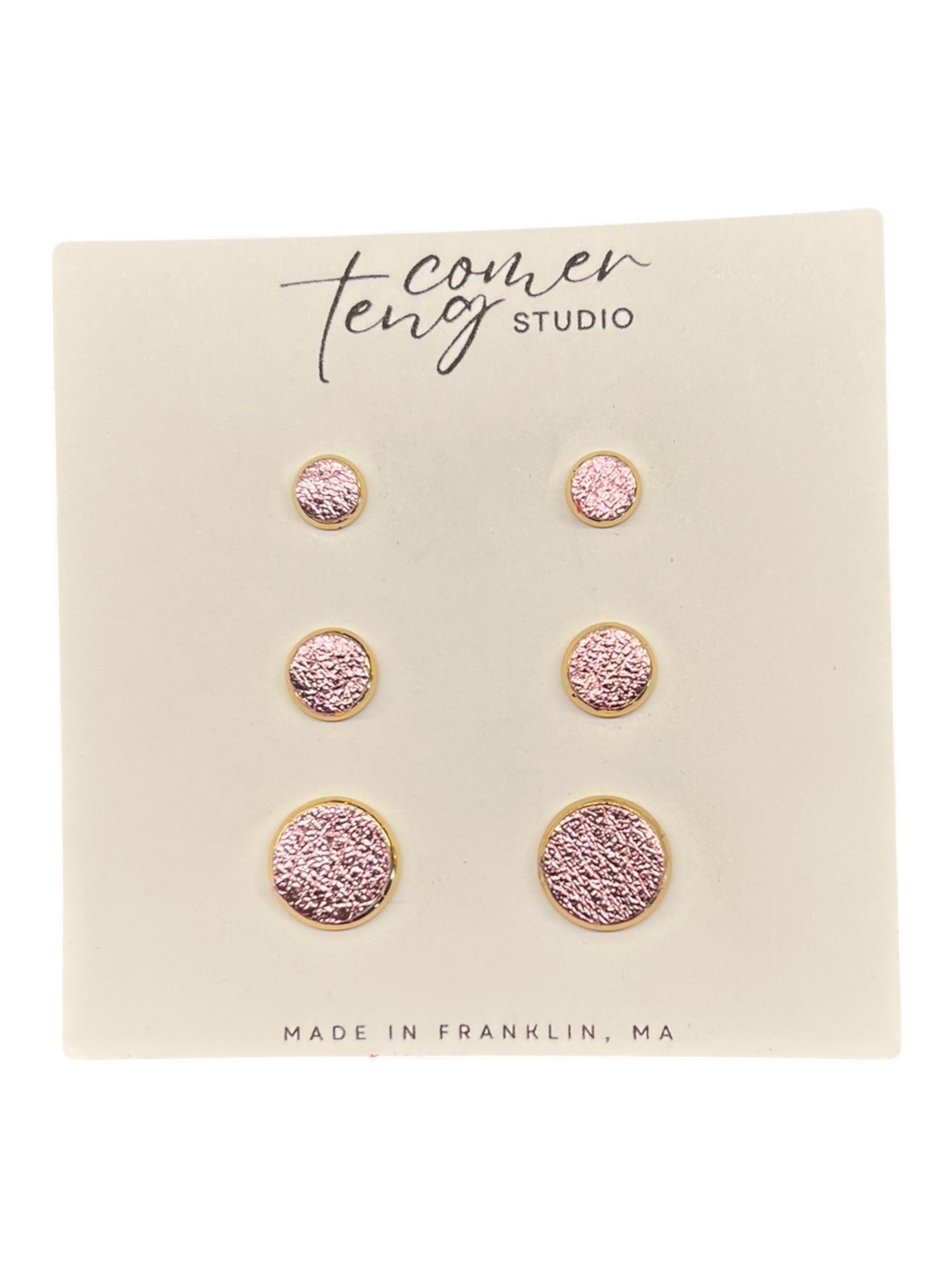 Sets of rose gold earrings on a card with 'Made in Franklin, MA' text.