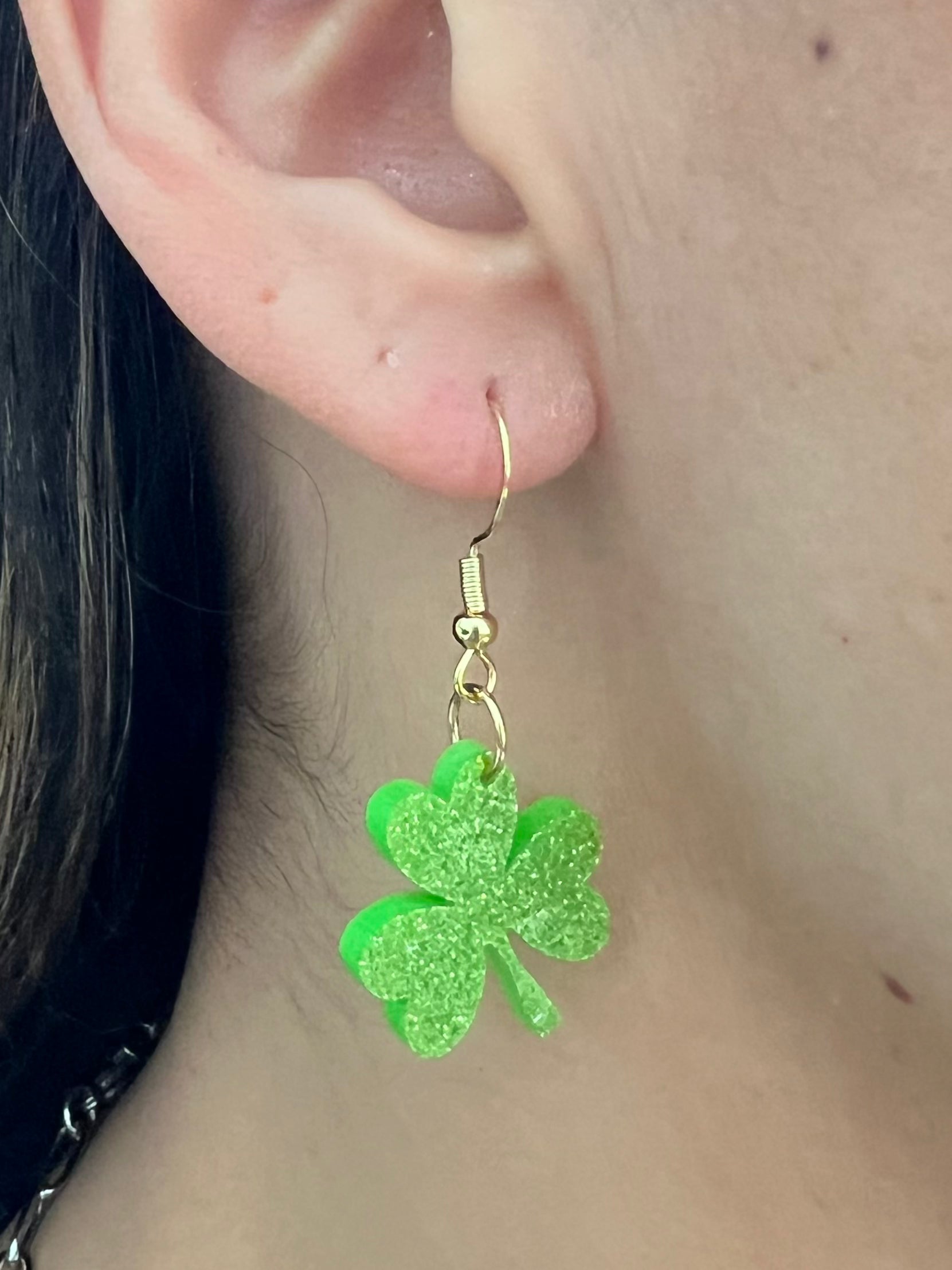 Green Sparkle Acrylic Clover Earrings