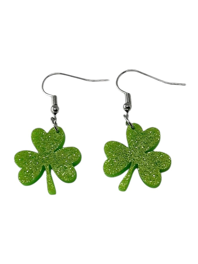 Green Sparkle Acrylic Clover Earrings