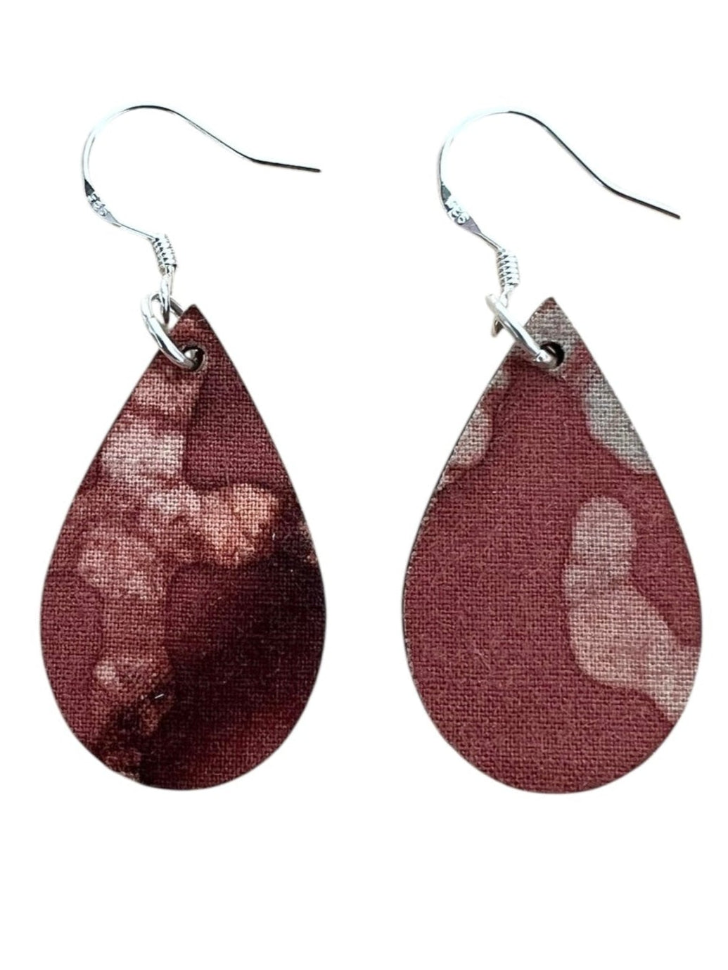 Teardrop-shaped earrings with floral pattern on a white background