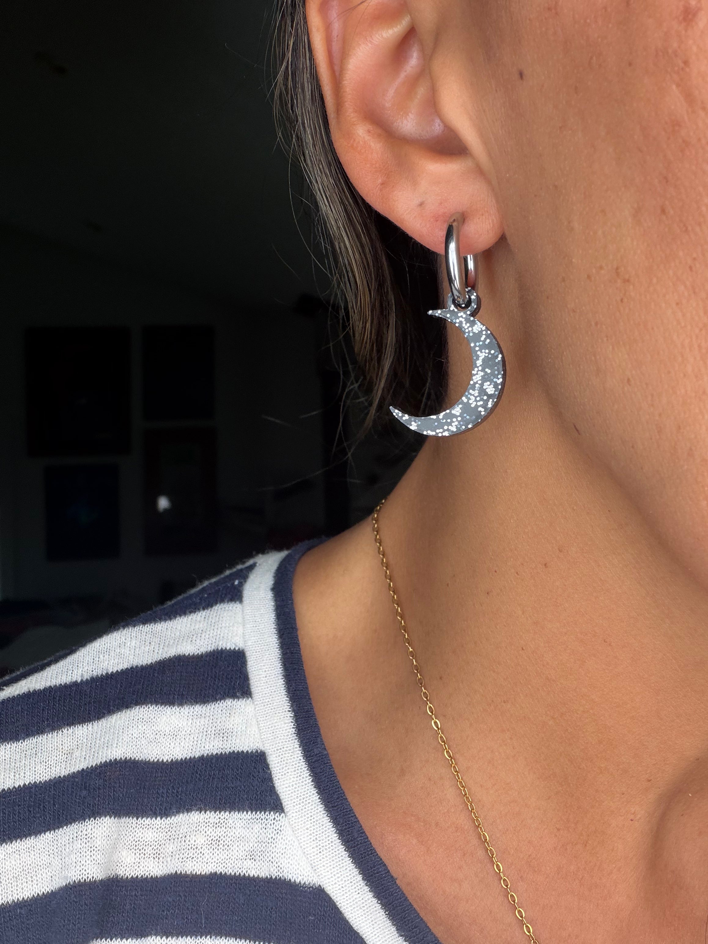 Black Sparkle Moon Charm Hoop Earrings
