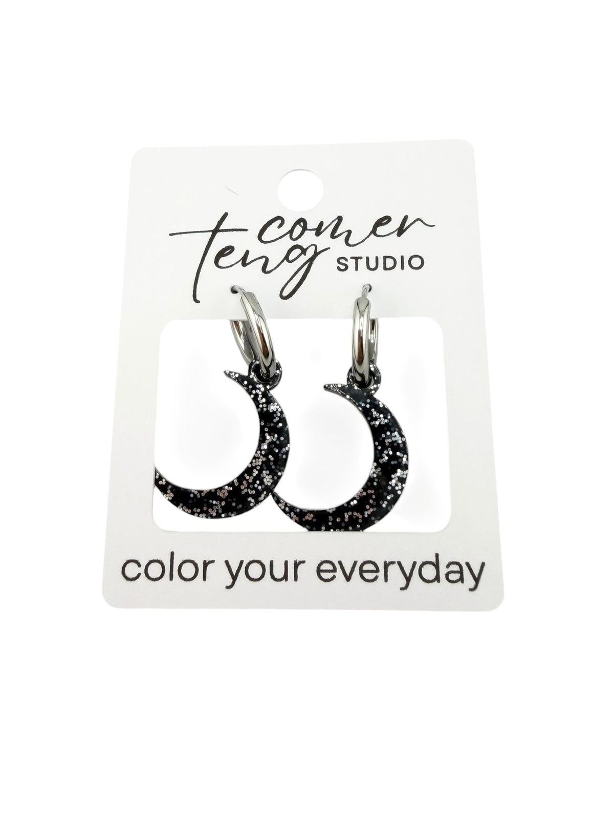 Black Sparkle Moon Charm Hoop Earrings | Interchangeable Celestial Earrings