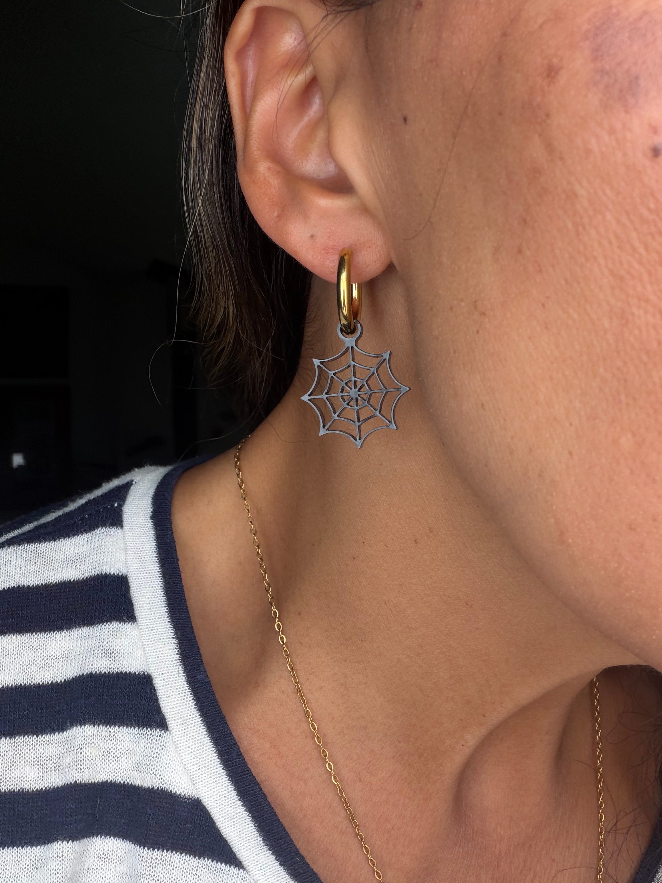 Black Spider Web Charm Hoop Earrings