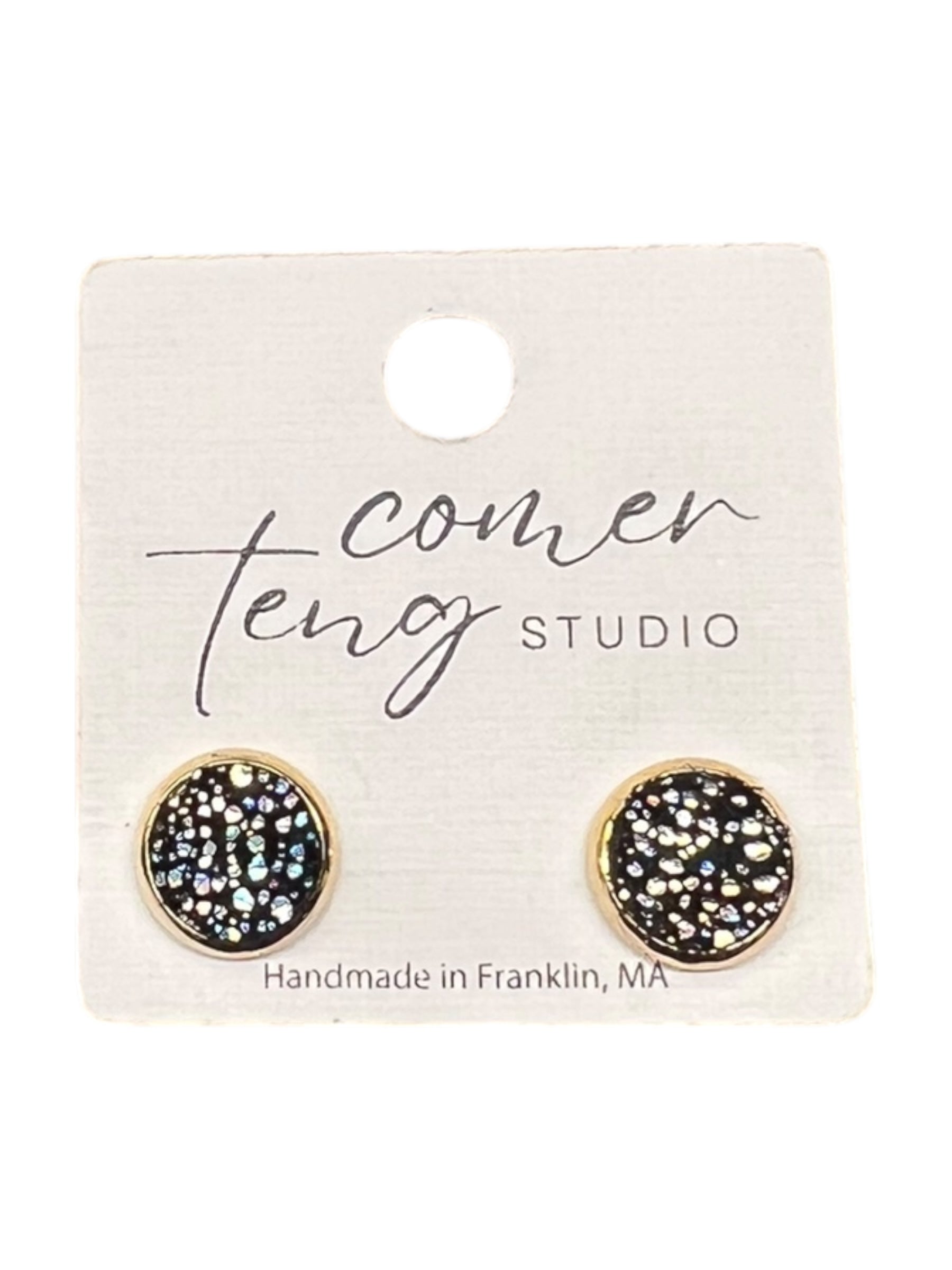 Black/Silver Shimmer Leather Stud Earrings