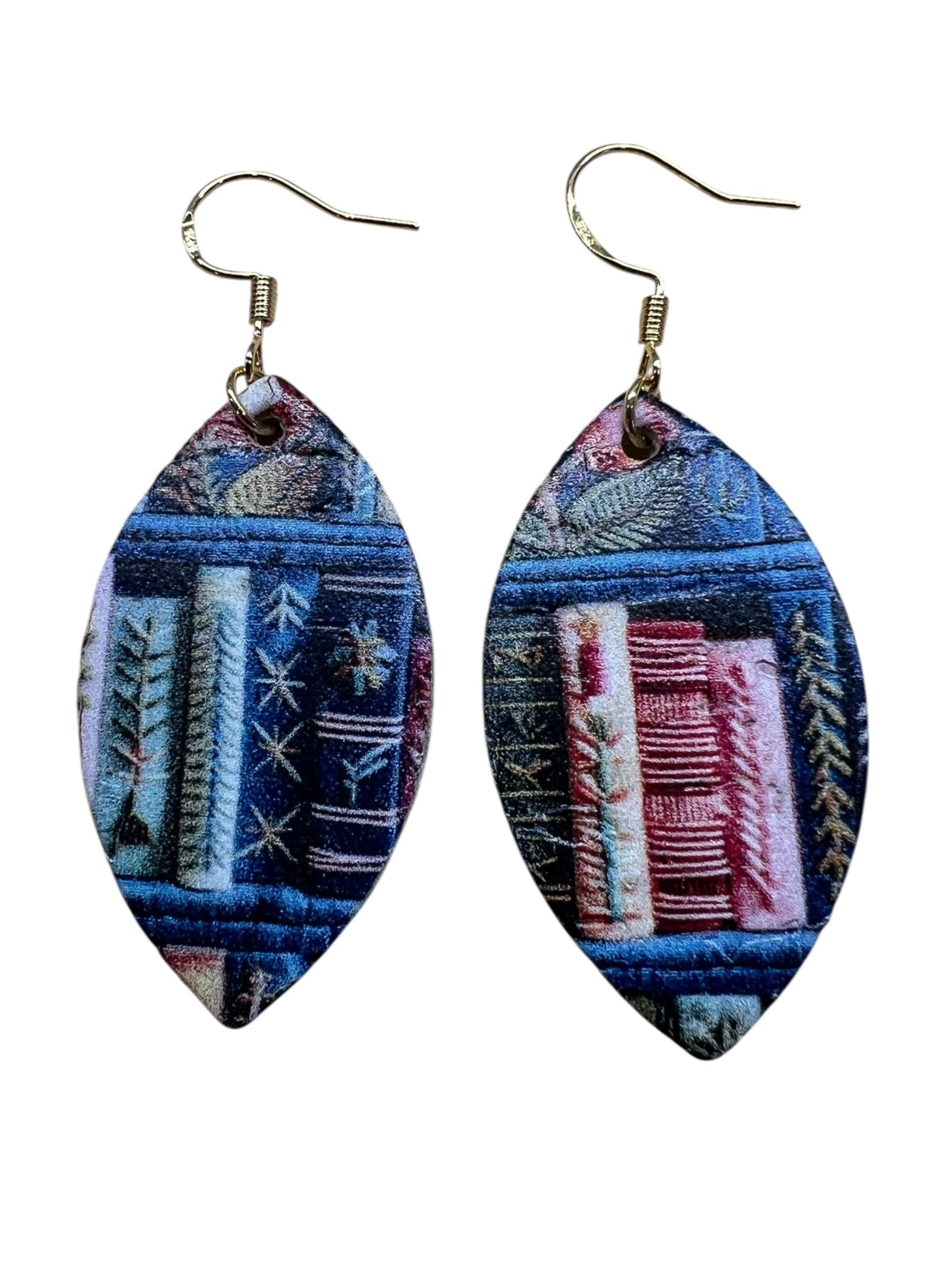 Pair of earrings with blue and pink patterned design on a white background