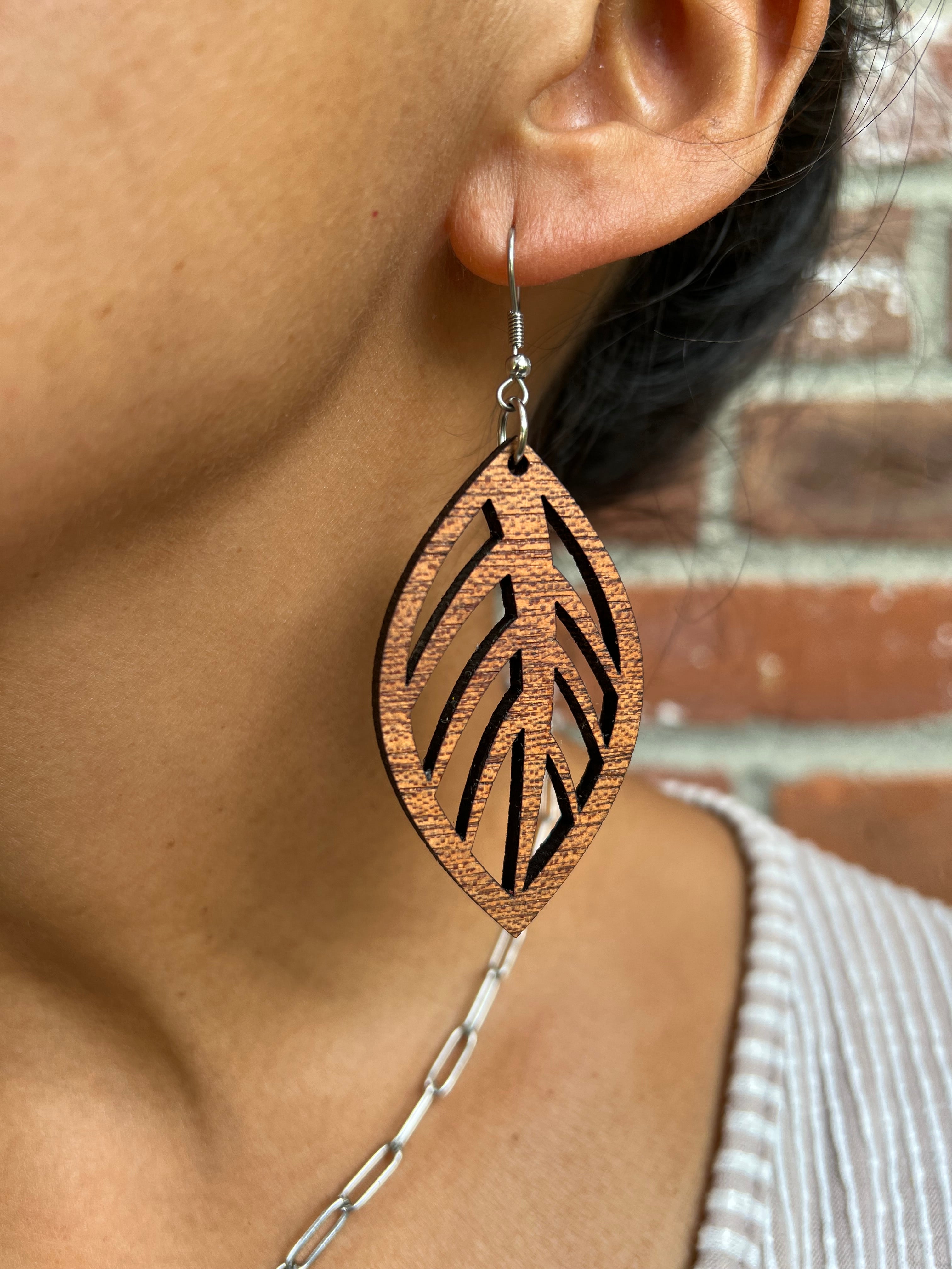 Small Wood Cut Out Leaf Earrings