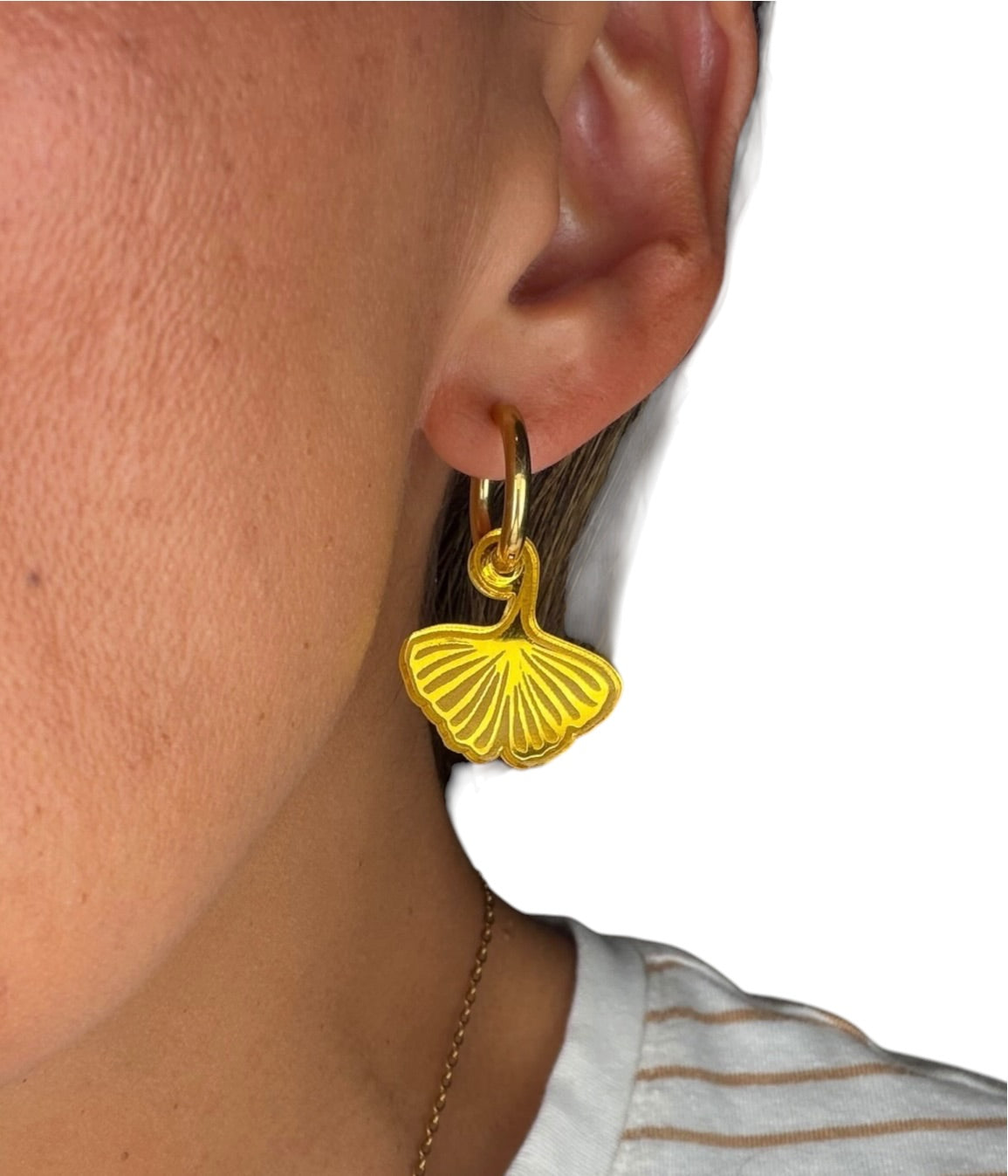 Yellow Ginkgo Leaf Charm Hoop Earrings