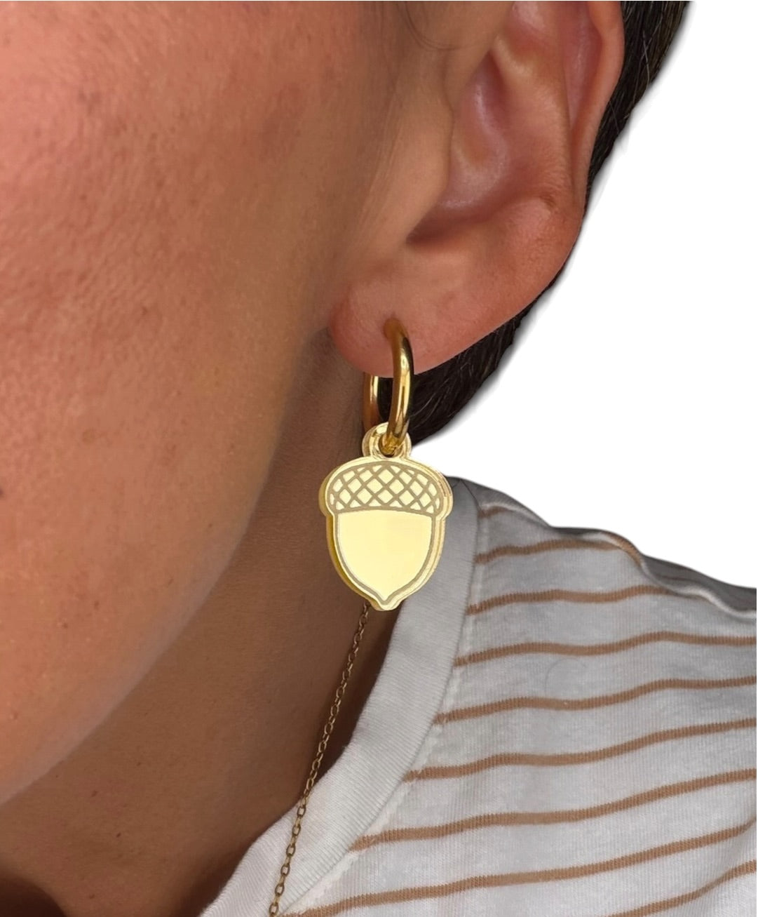 Gold Etched Acorn Charm Hoop Earrings