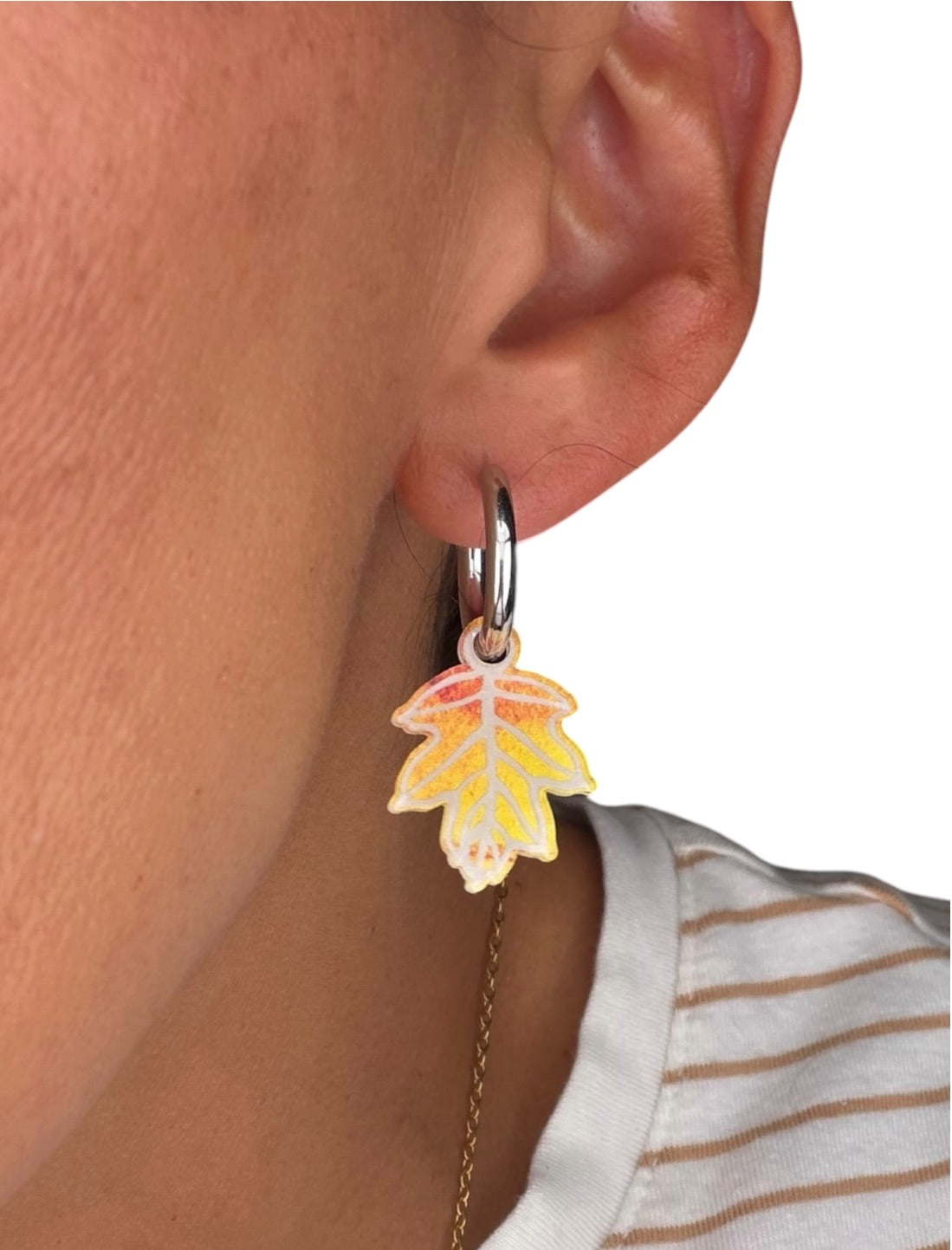 Etched Oak Leaf Charm Hoop Earrings