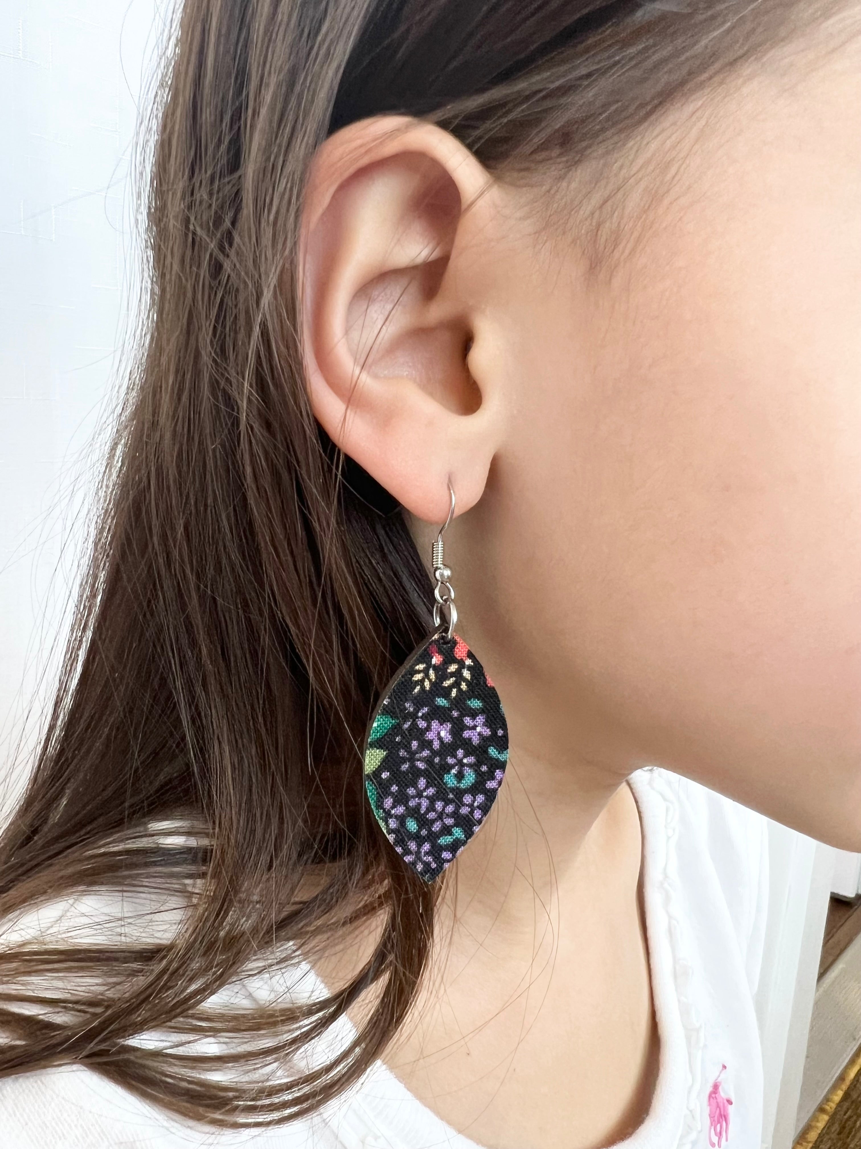 Upcycled Black Background Floral Leaf Earrings