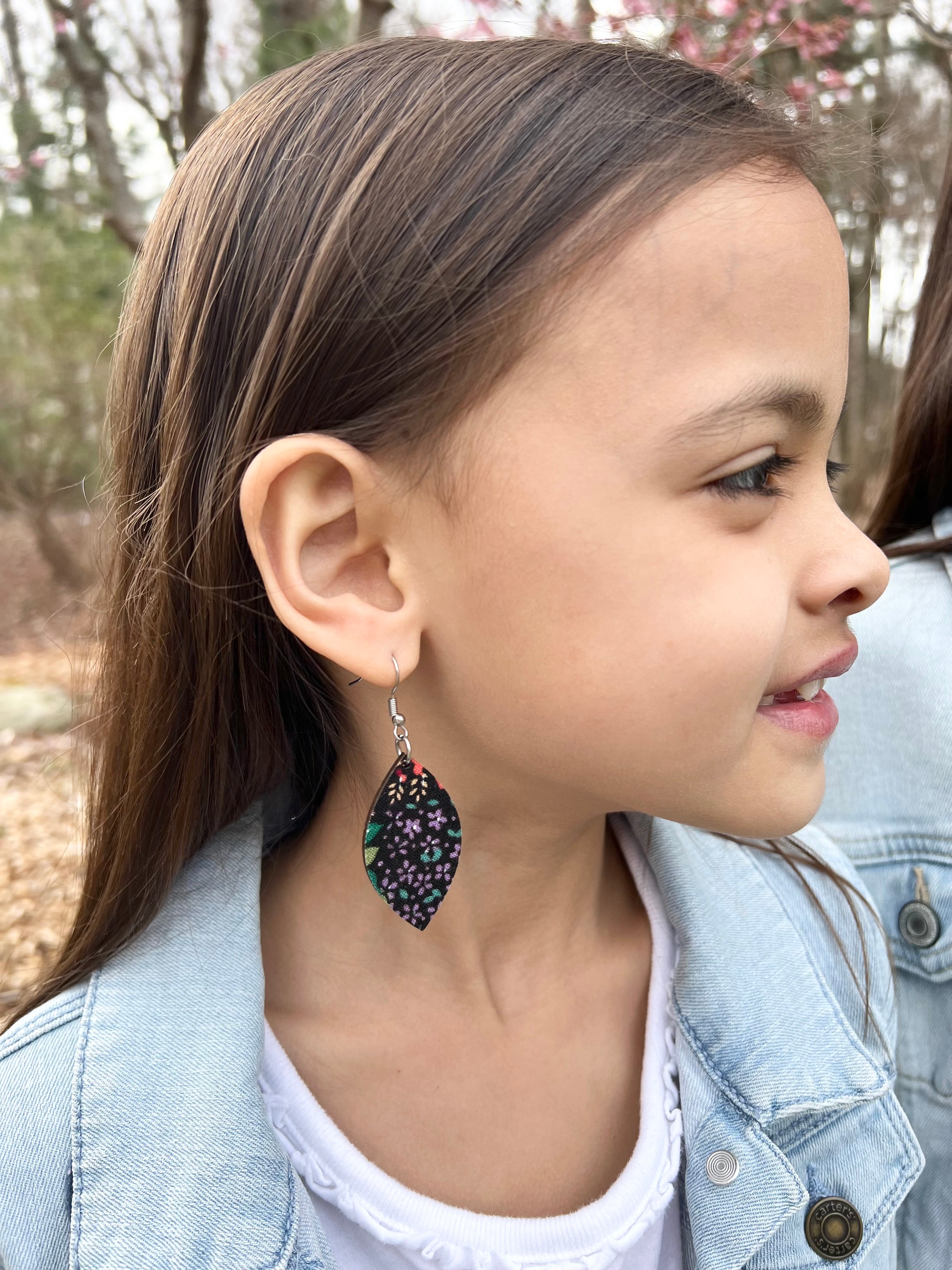 Upcycled Black Background Floral Leaf Earrings