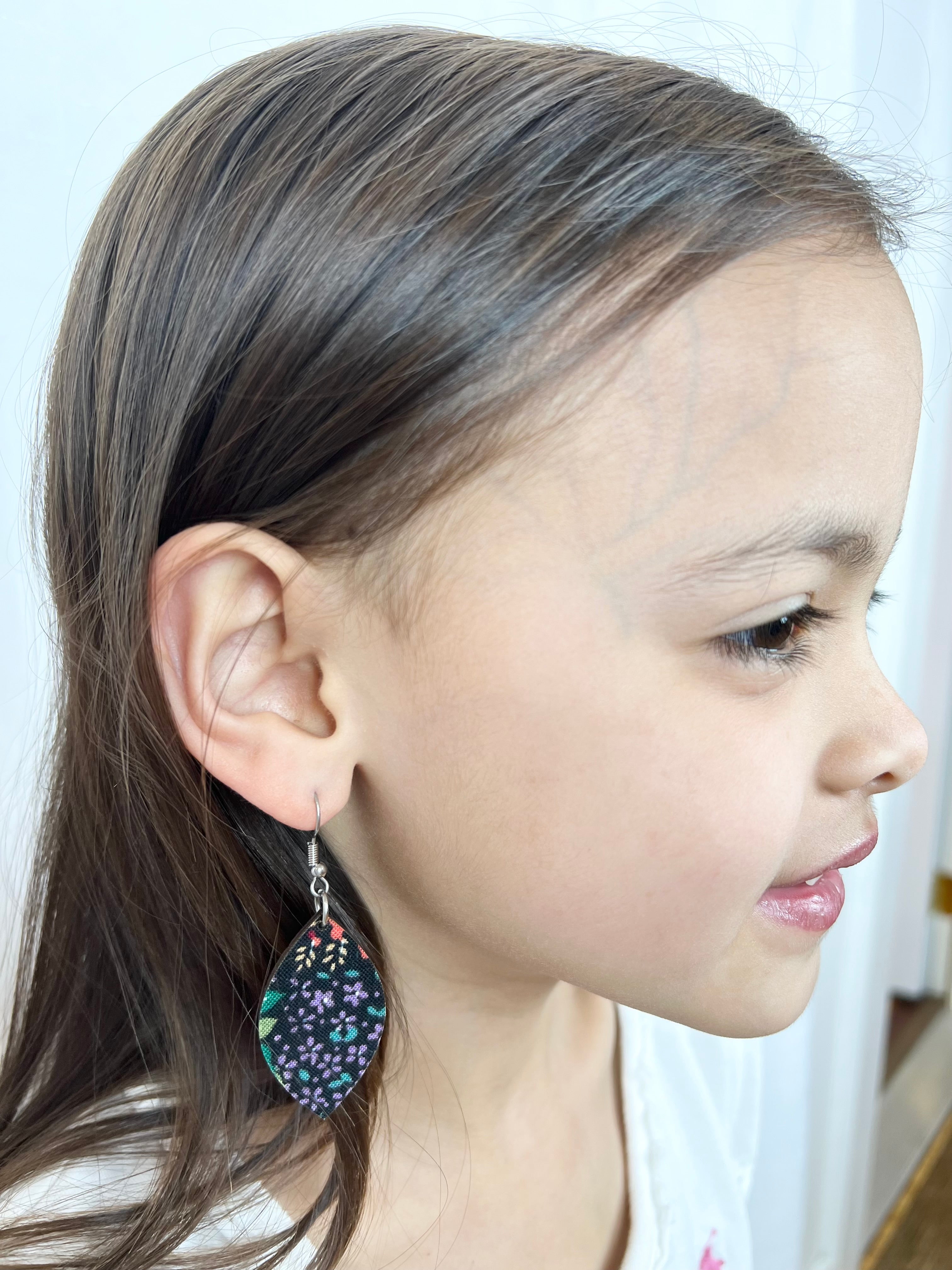 Upcycled Black Background Floral Leaf Earrings