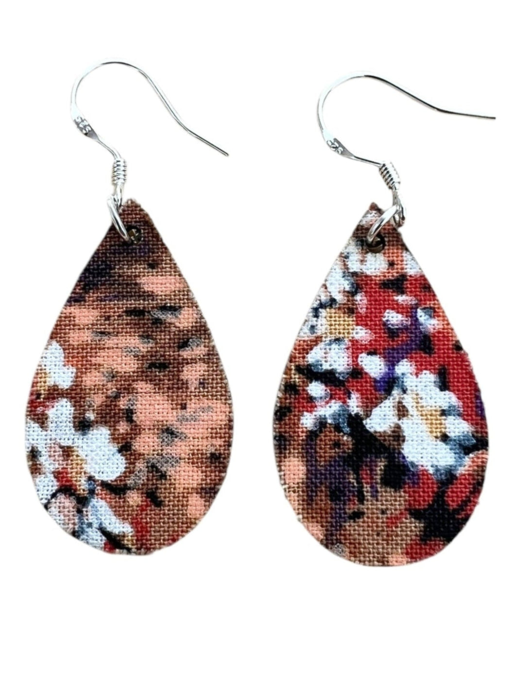 Teardrop-shaped earrings with floral pattern on a white background