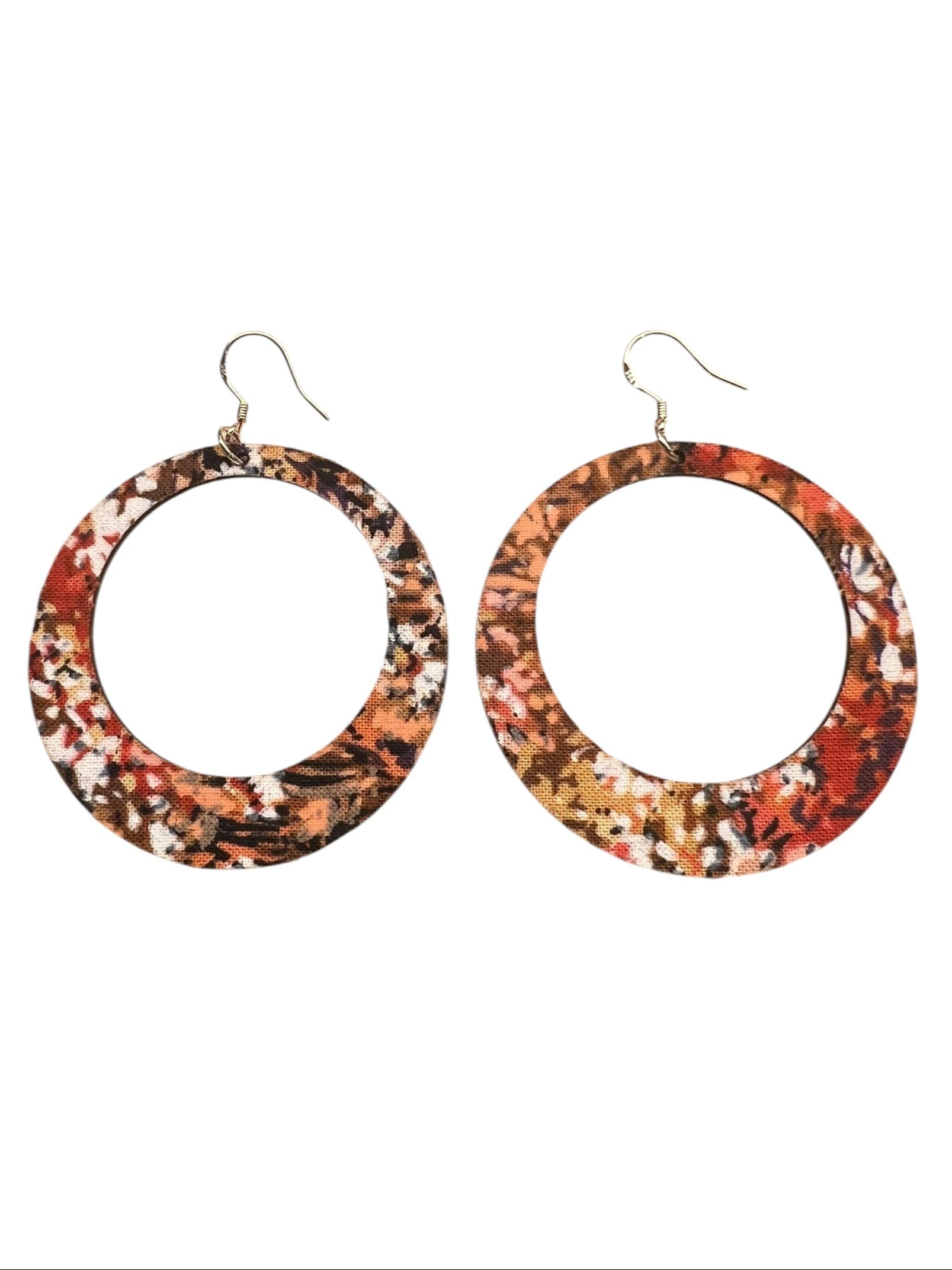 Pair of hoop earrings with a multicolored pattern on a white background