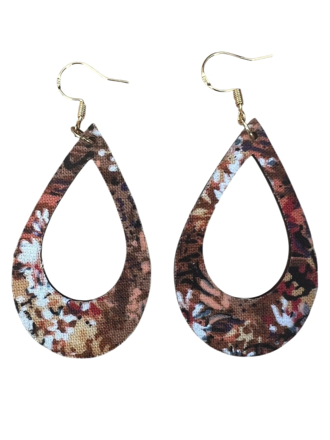 Teardrop-shaped earrings with floral pattern on a white background