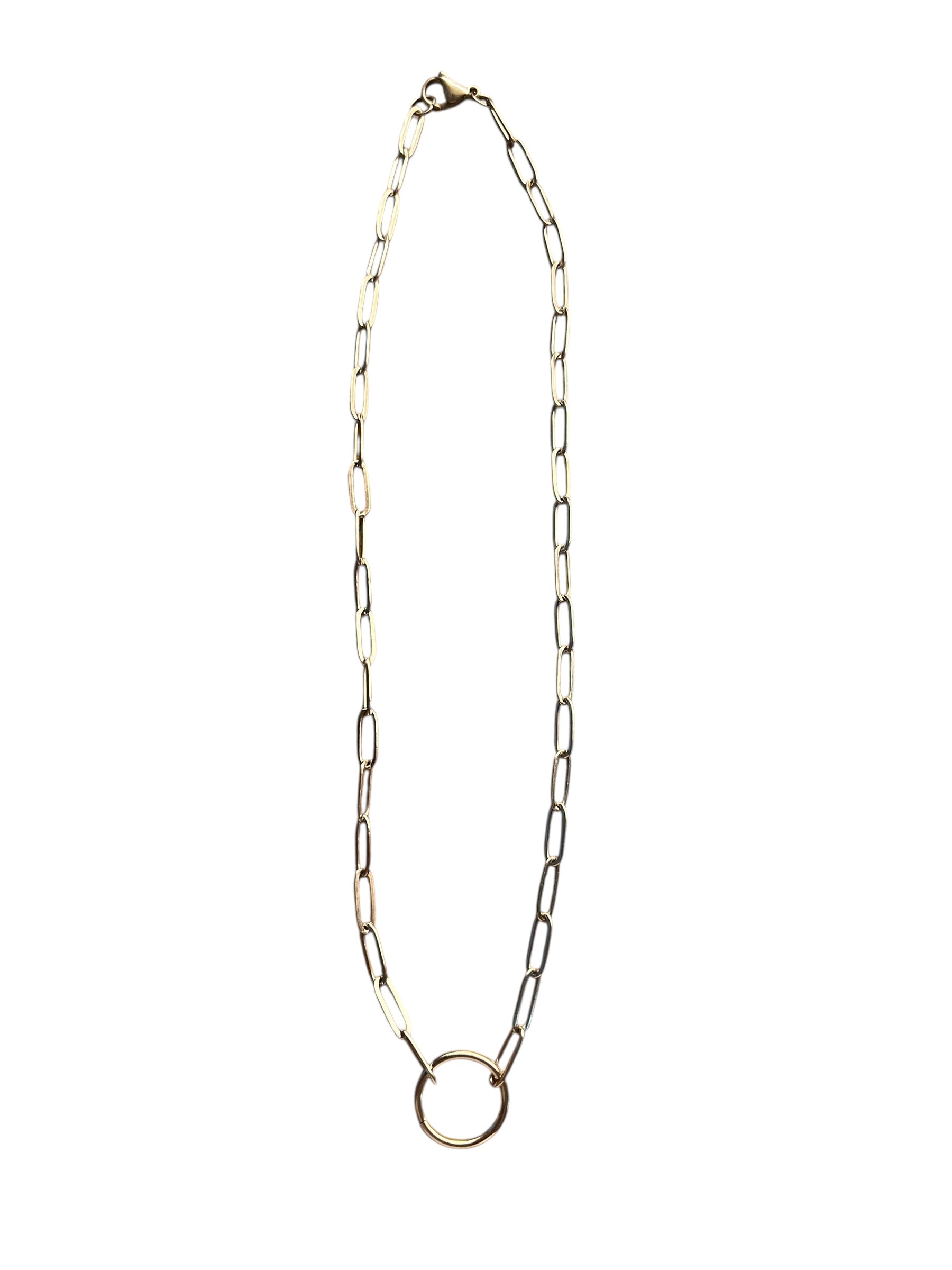 Long chain necklace with a gold ring pendant on a white background