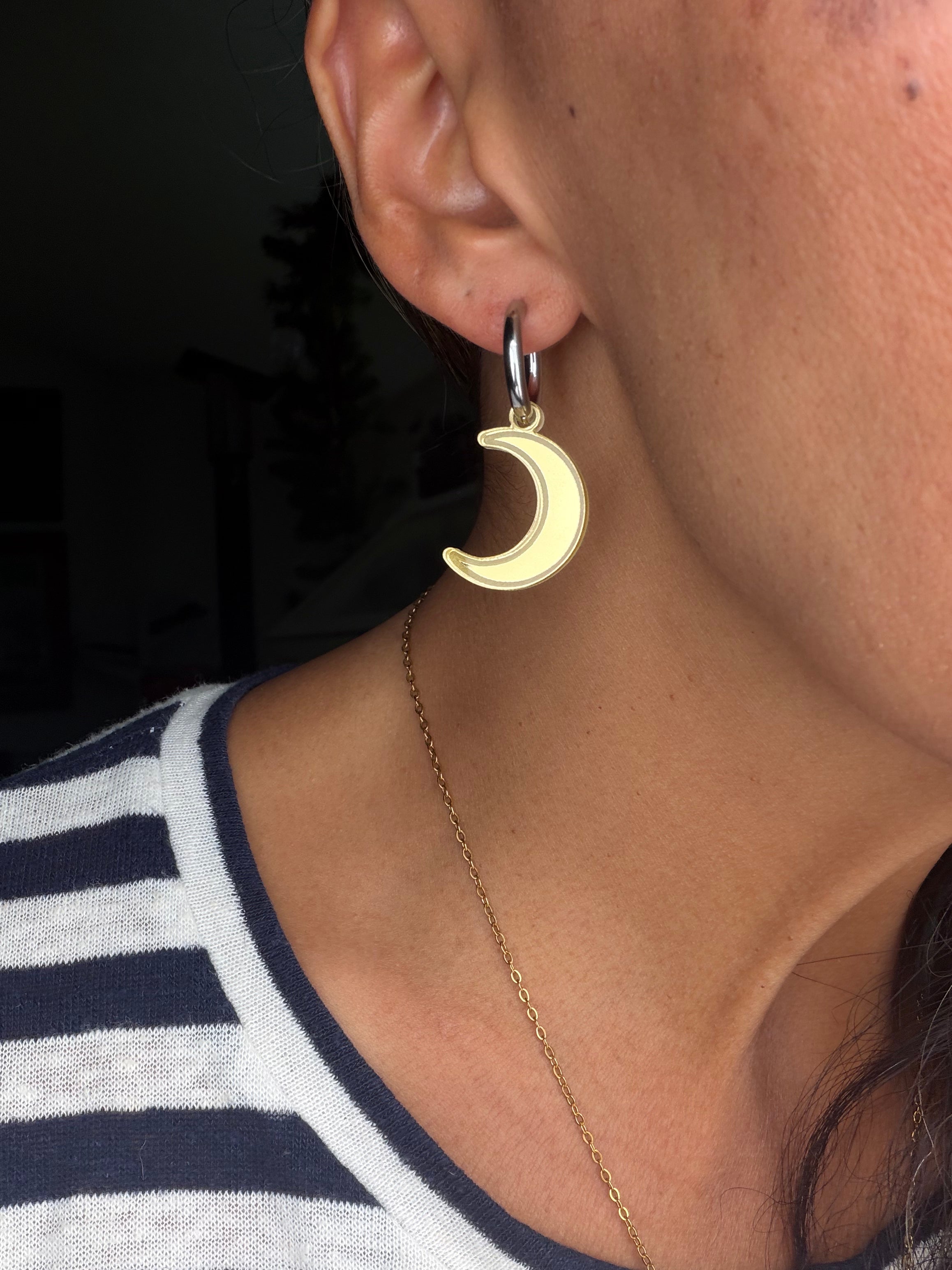 Gold Shimmer Moon Charm Hoop Earrings