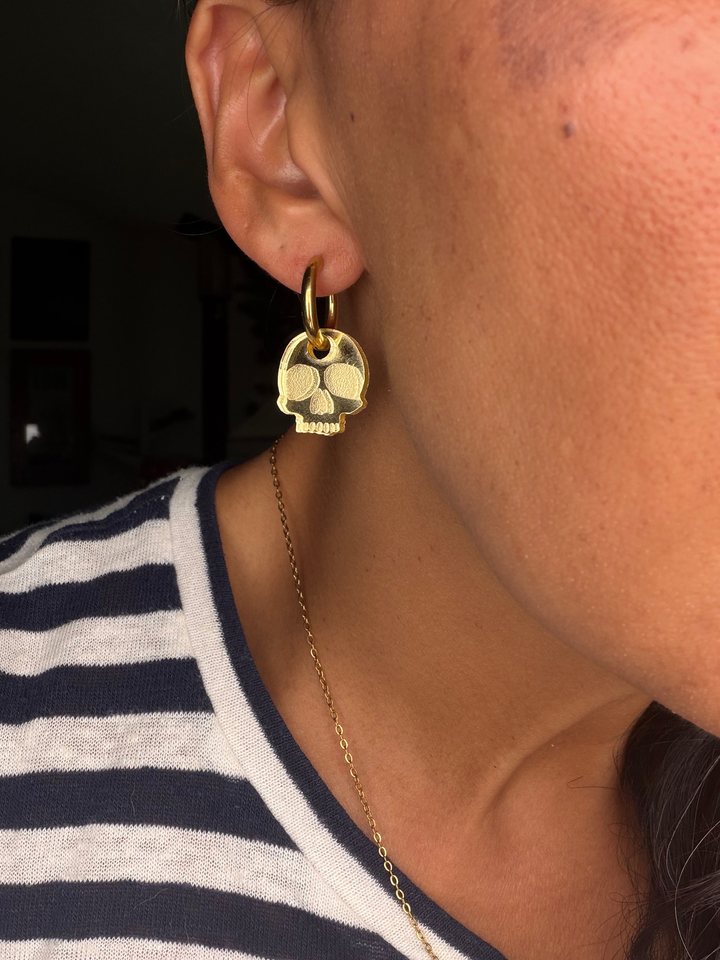 Gold Shimmer Skull Charm Hoop Earrings