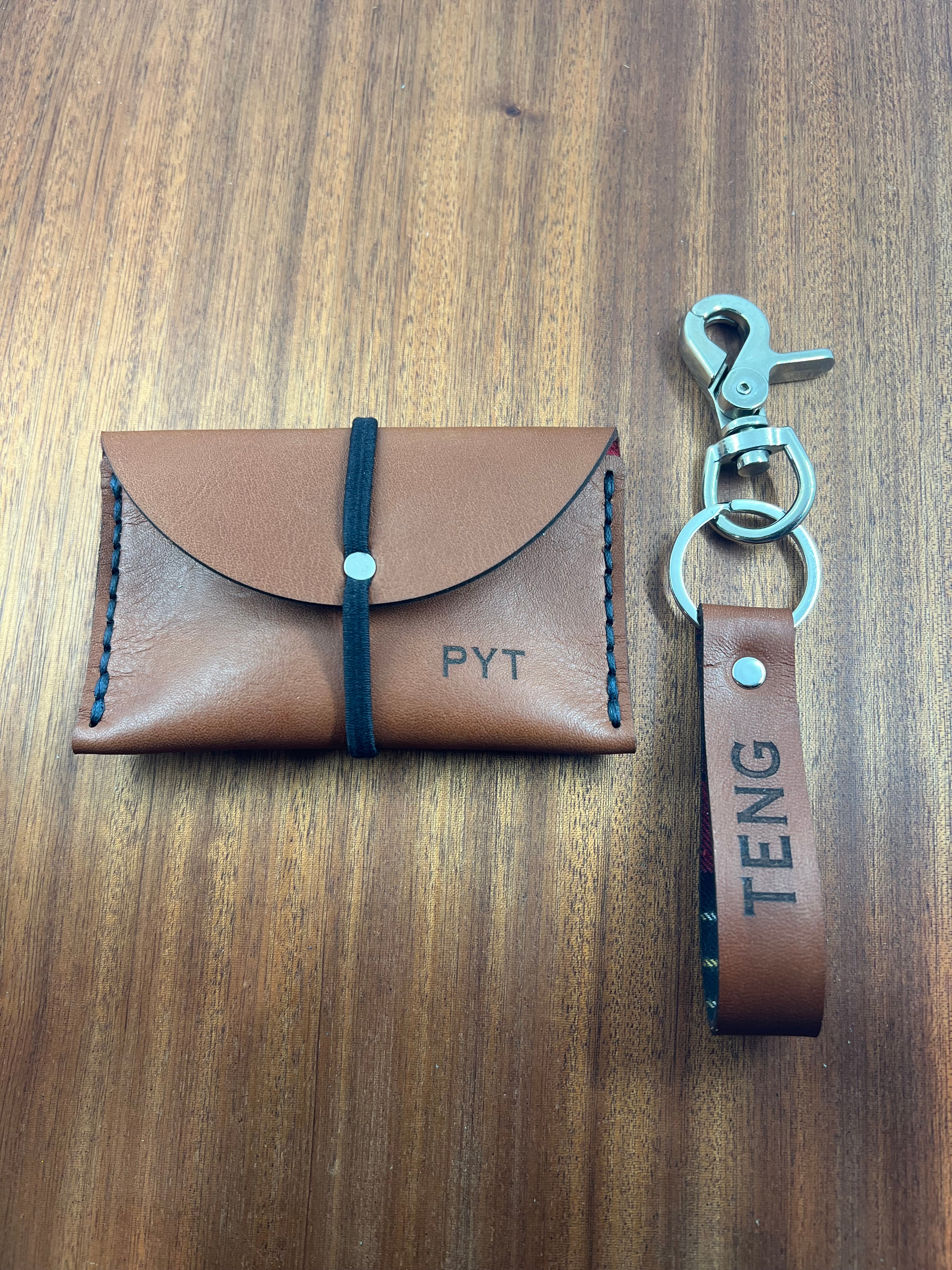 Personalized Leather Card Holder and Key Chain Set