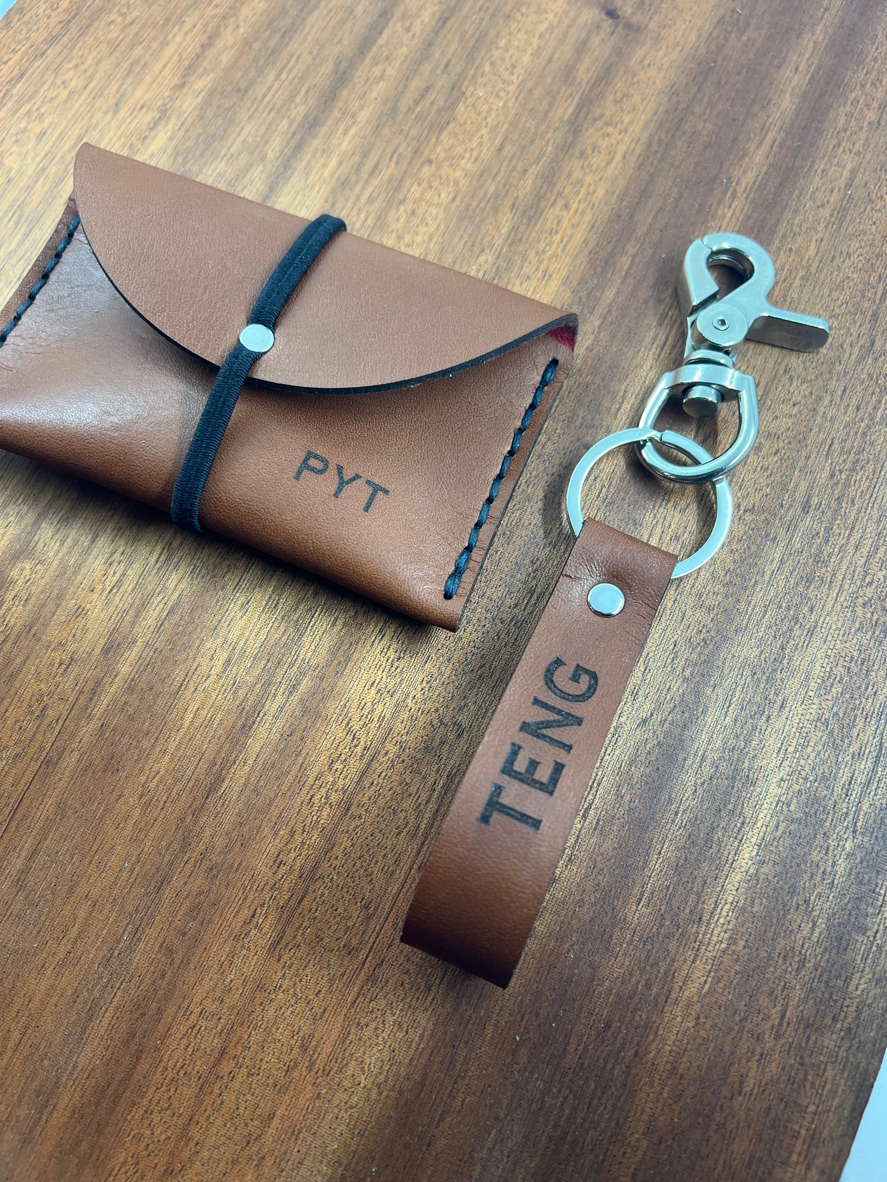 Personalized Leather Card Holder and Key Chain Set