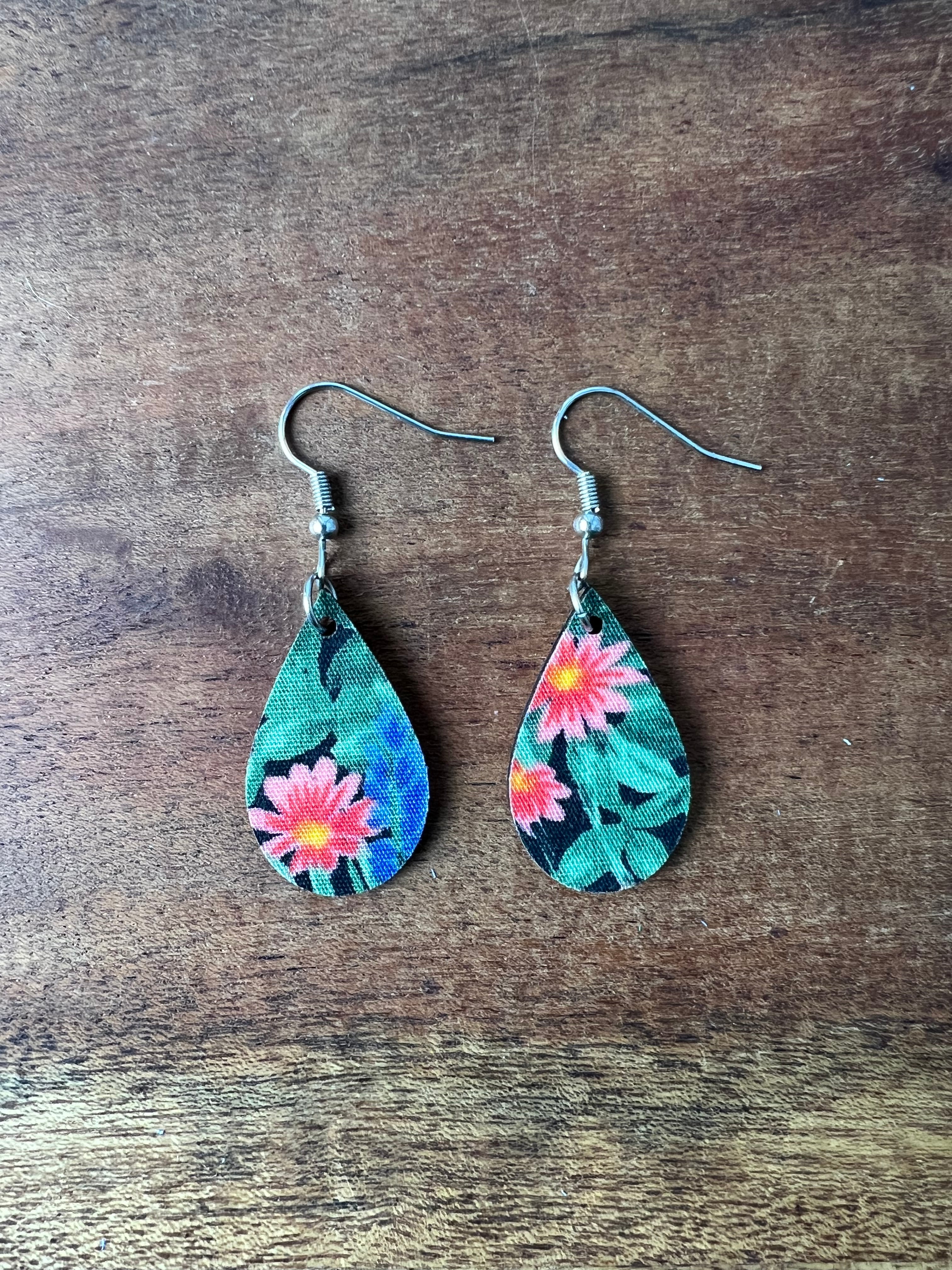 Upcycled Blue and Red Floral Mini Teardrop Earrings