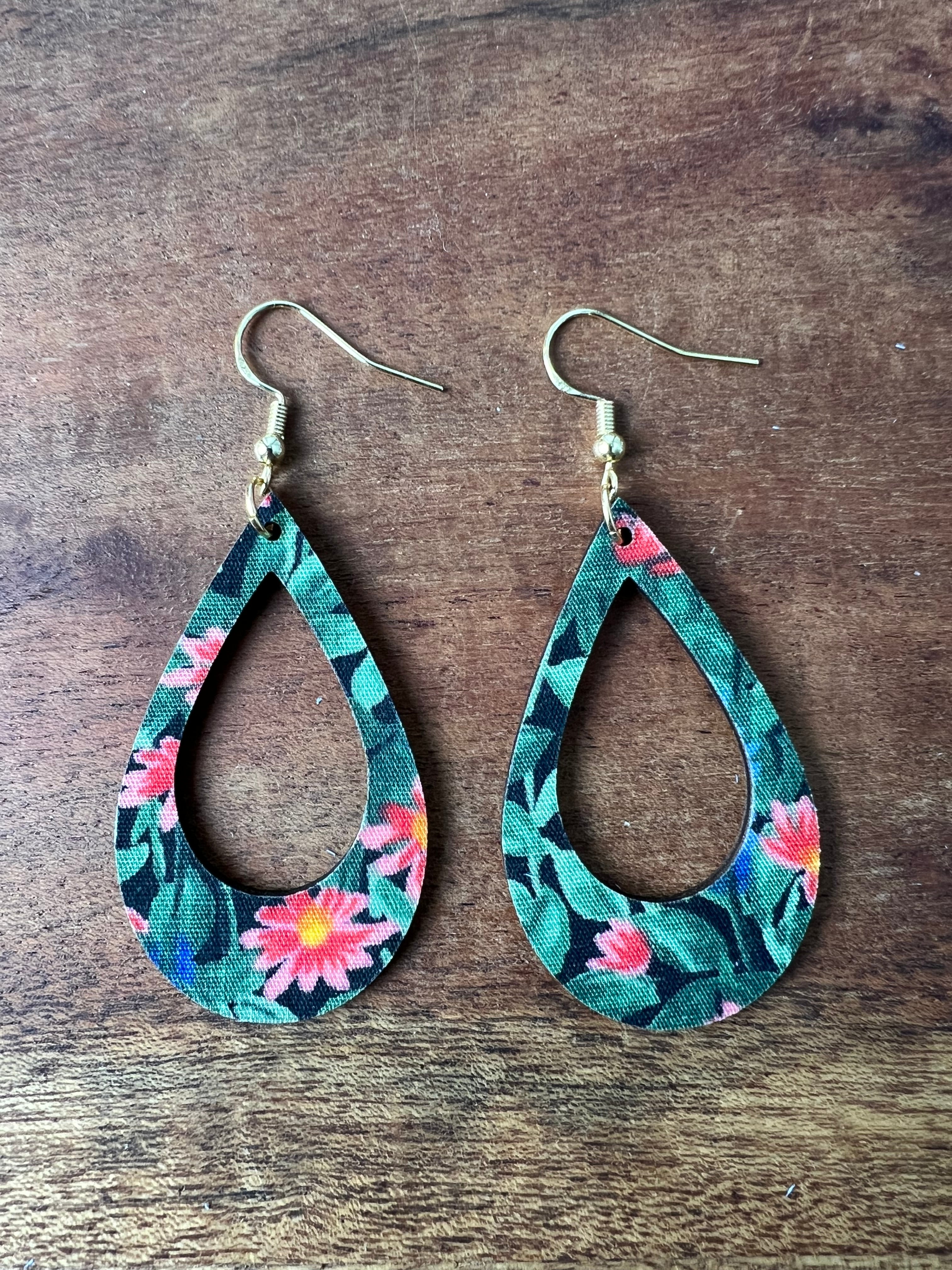 Upcycled Green Leaf and Red/Blue Flower Stella Earrings