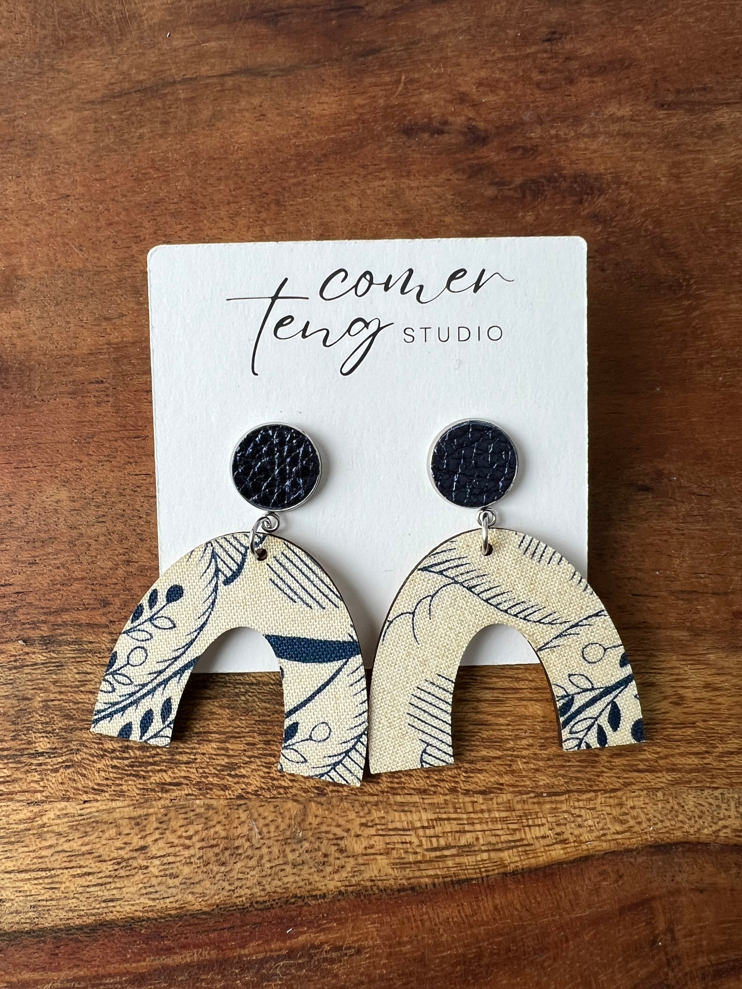 Upcycled Navy Floral Stud Dangle Earrings