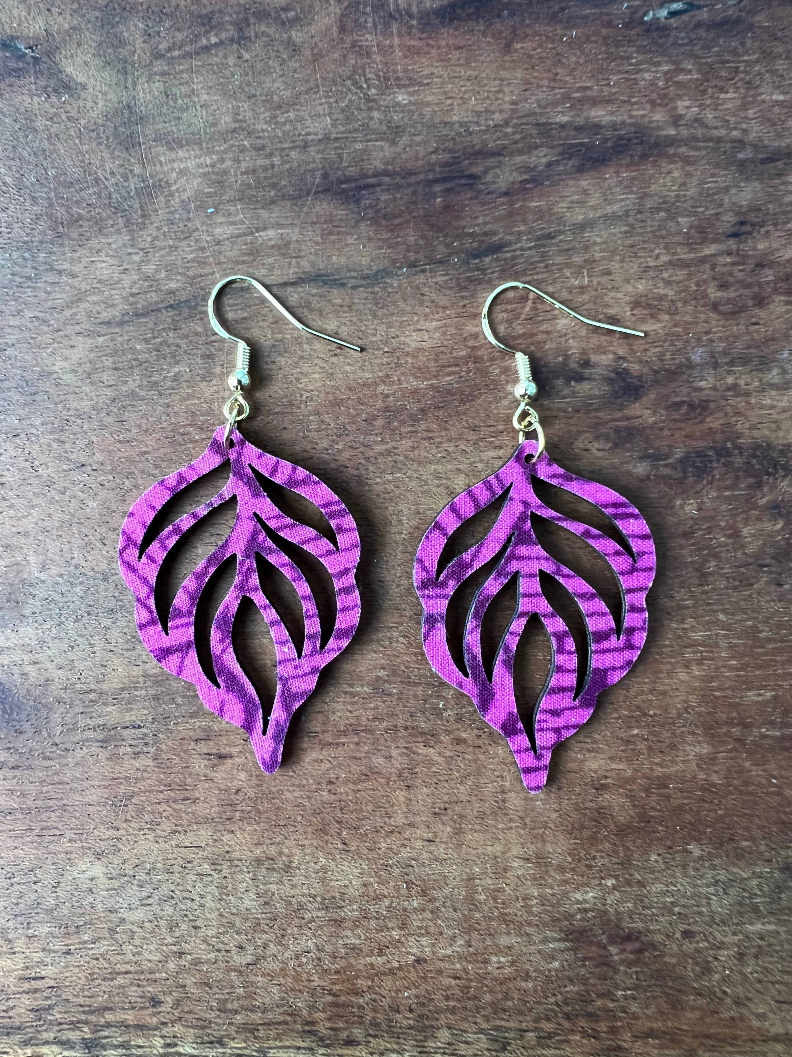 Upcycled Fuschia Feather Leaf Earrings