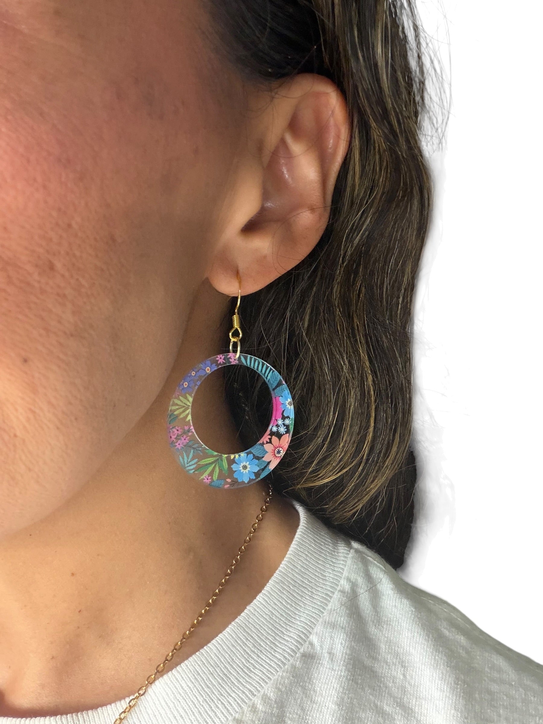 Clear Acrylic Flower Charm Hoop Earrings