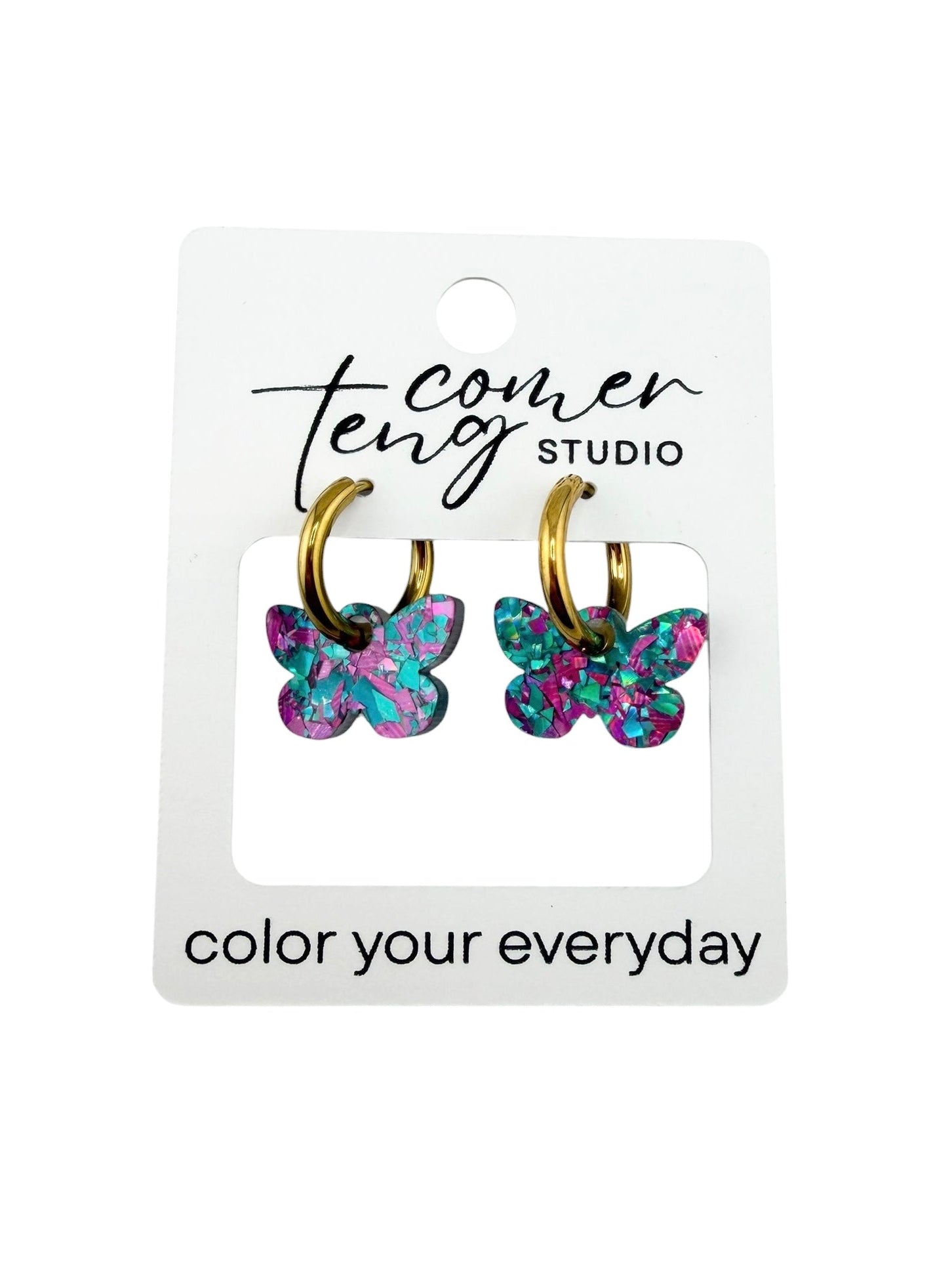 Sparkle Fuchsia &amp; Turquoise Butterfly Charm Earrings