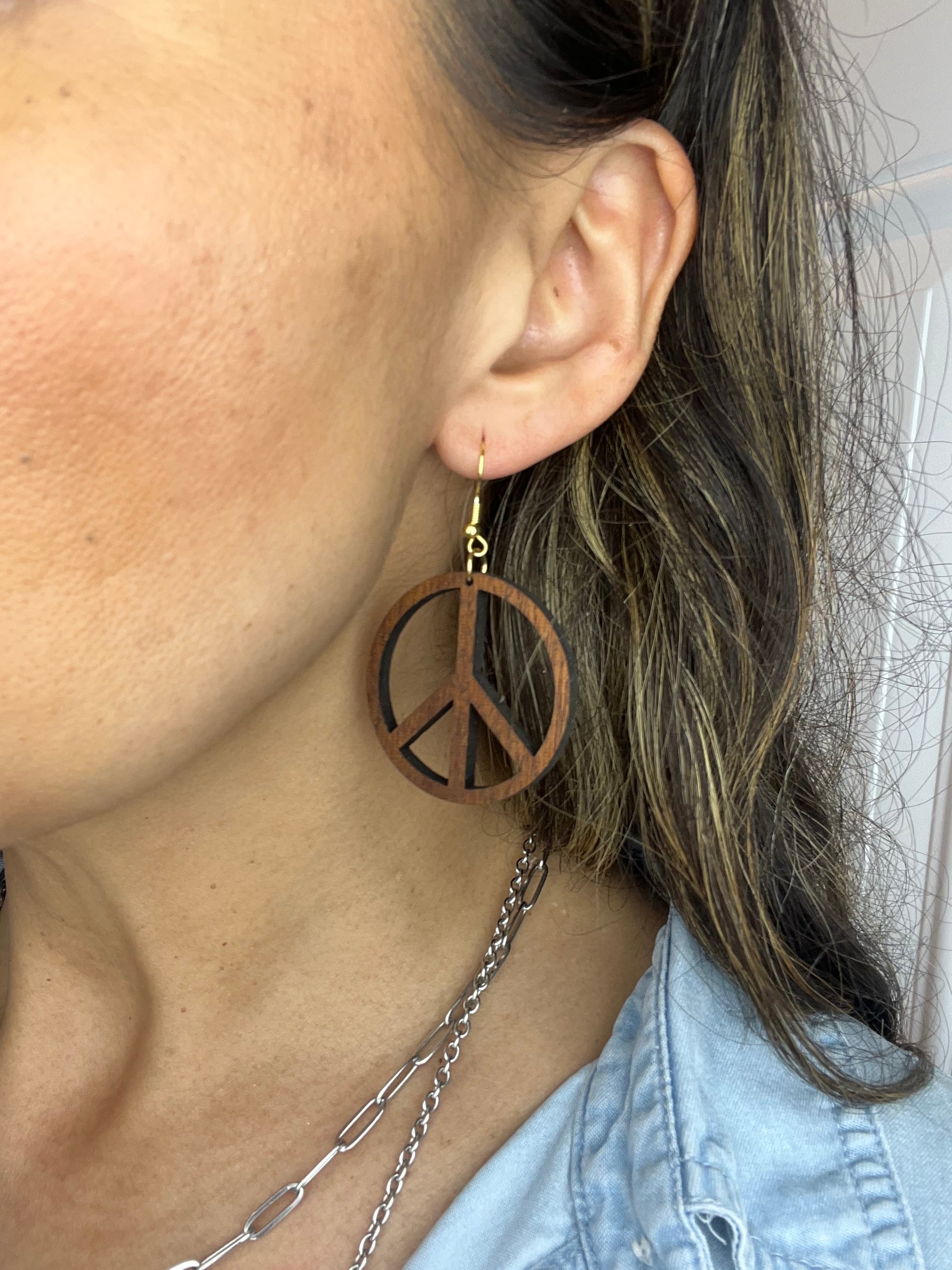 Small Wood Peace Sign Earrings