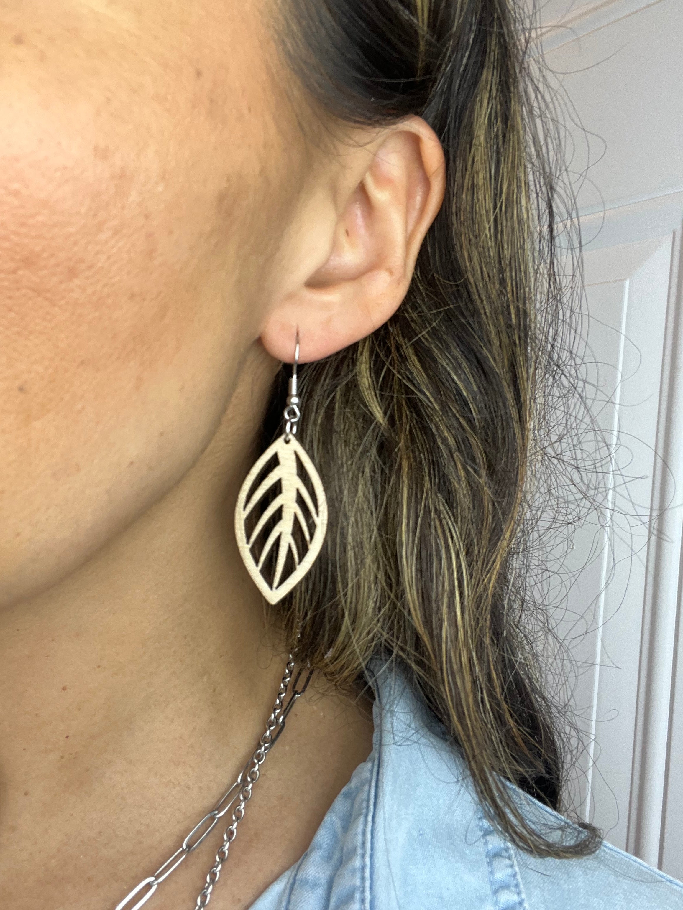 Mini Wood Cut Out Leaf Earrings