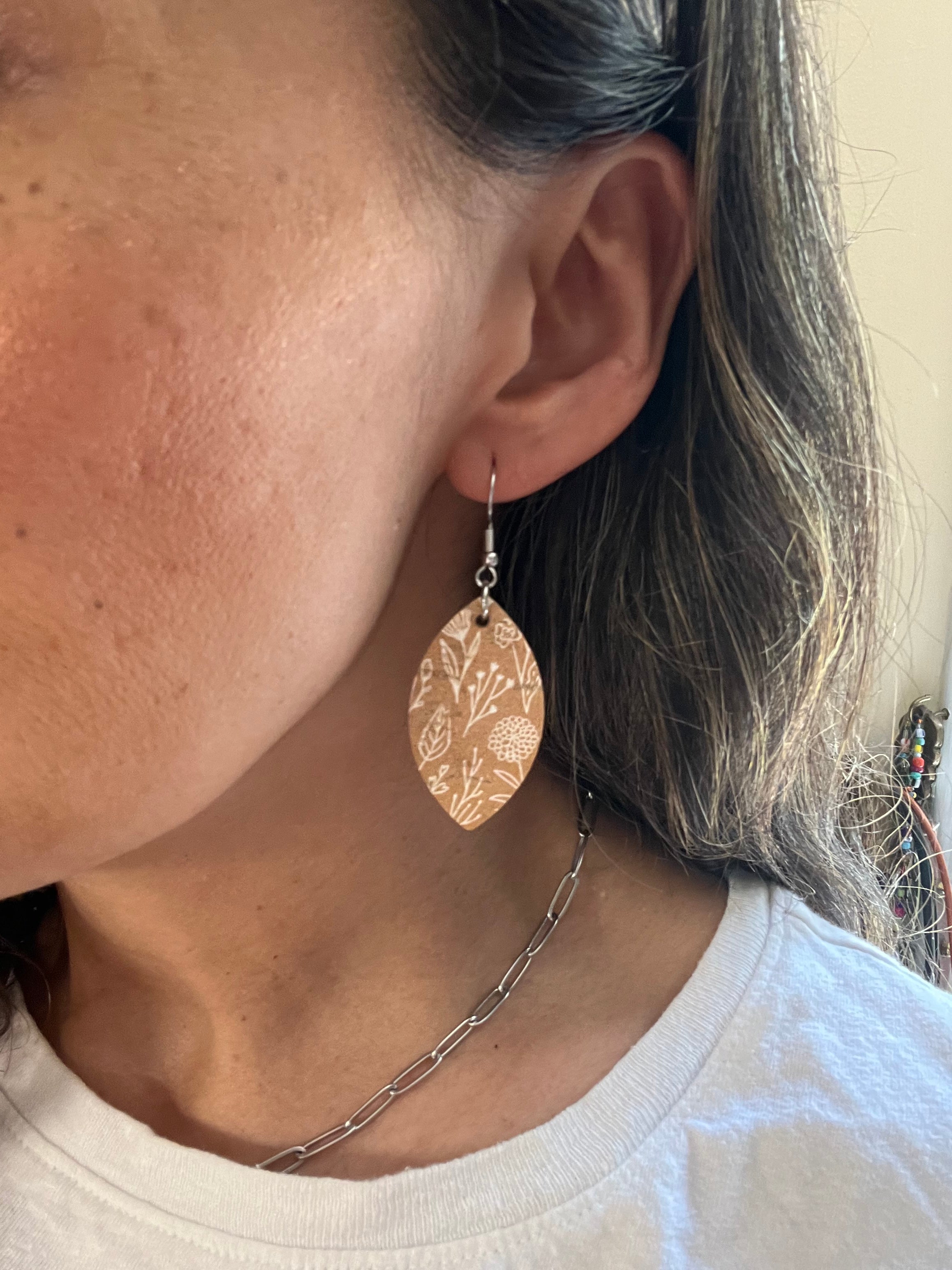 Dark Yellow and White Floral Cork Earrings