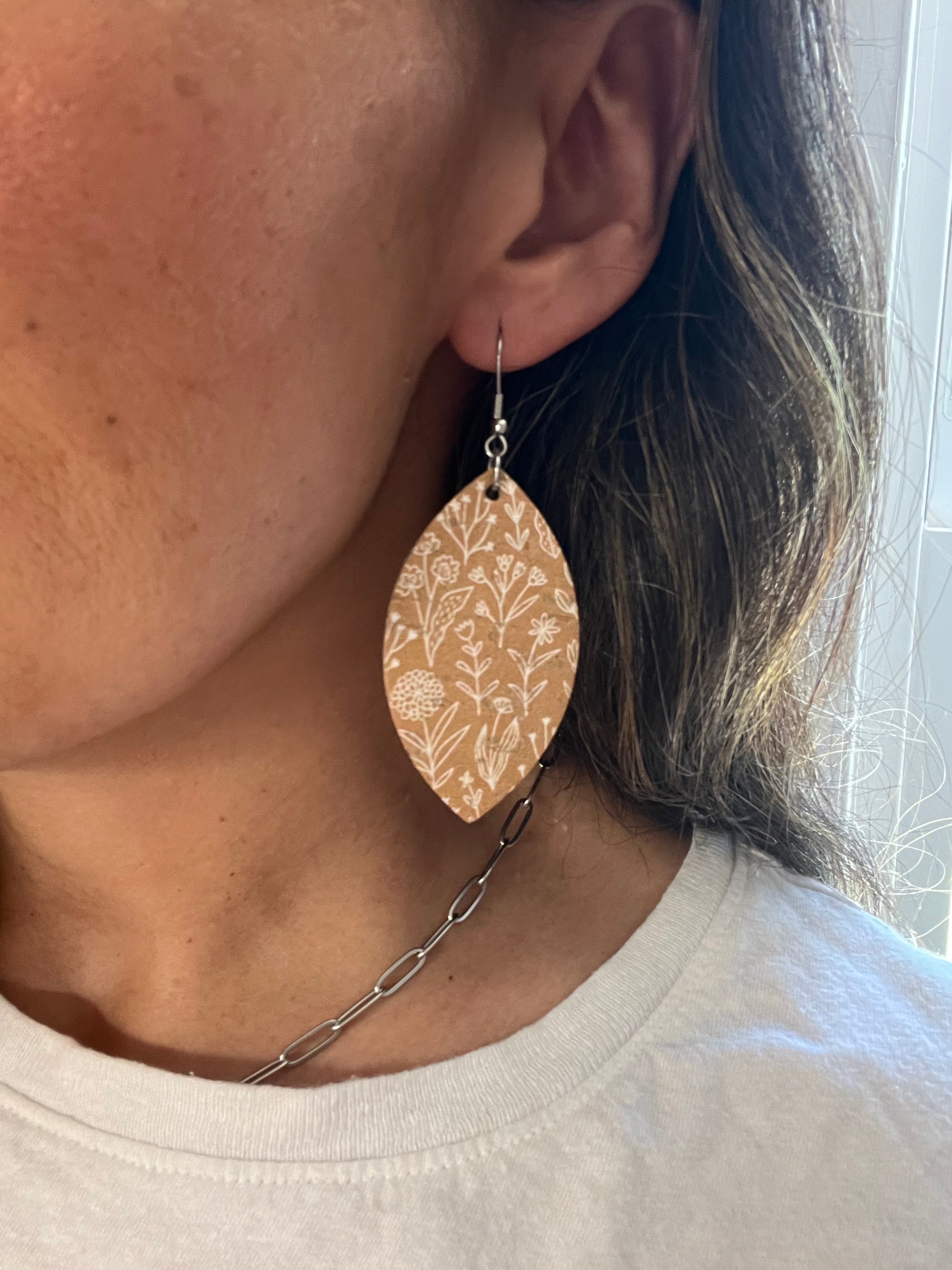 Dark Yellow and White Floral Cork Earrings