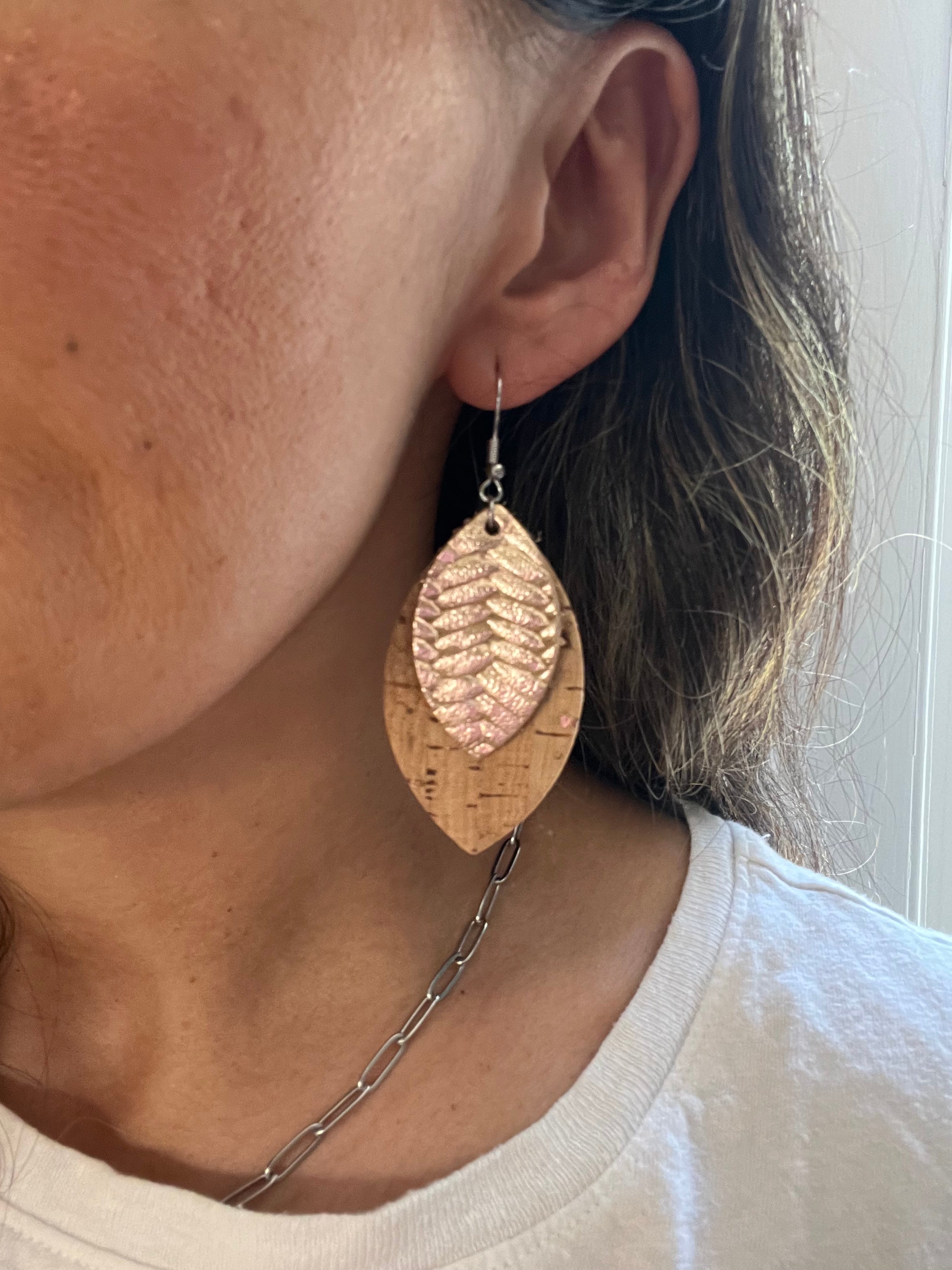 Rose Gold Fishtail and Rose Gold Cork Layered Leaf Earrings