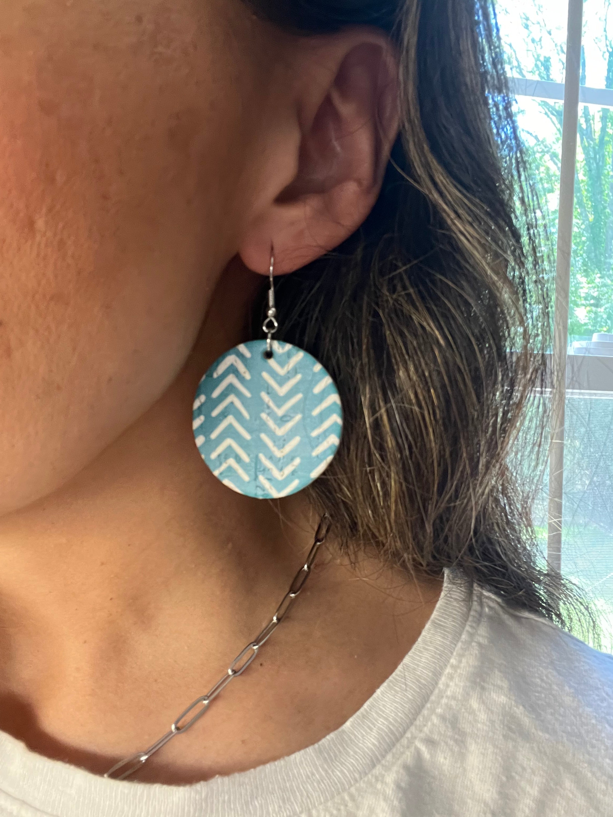 Turquoise and White Chevron Cork Earrings