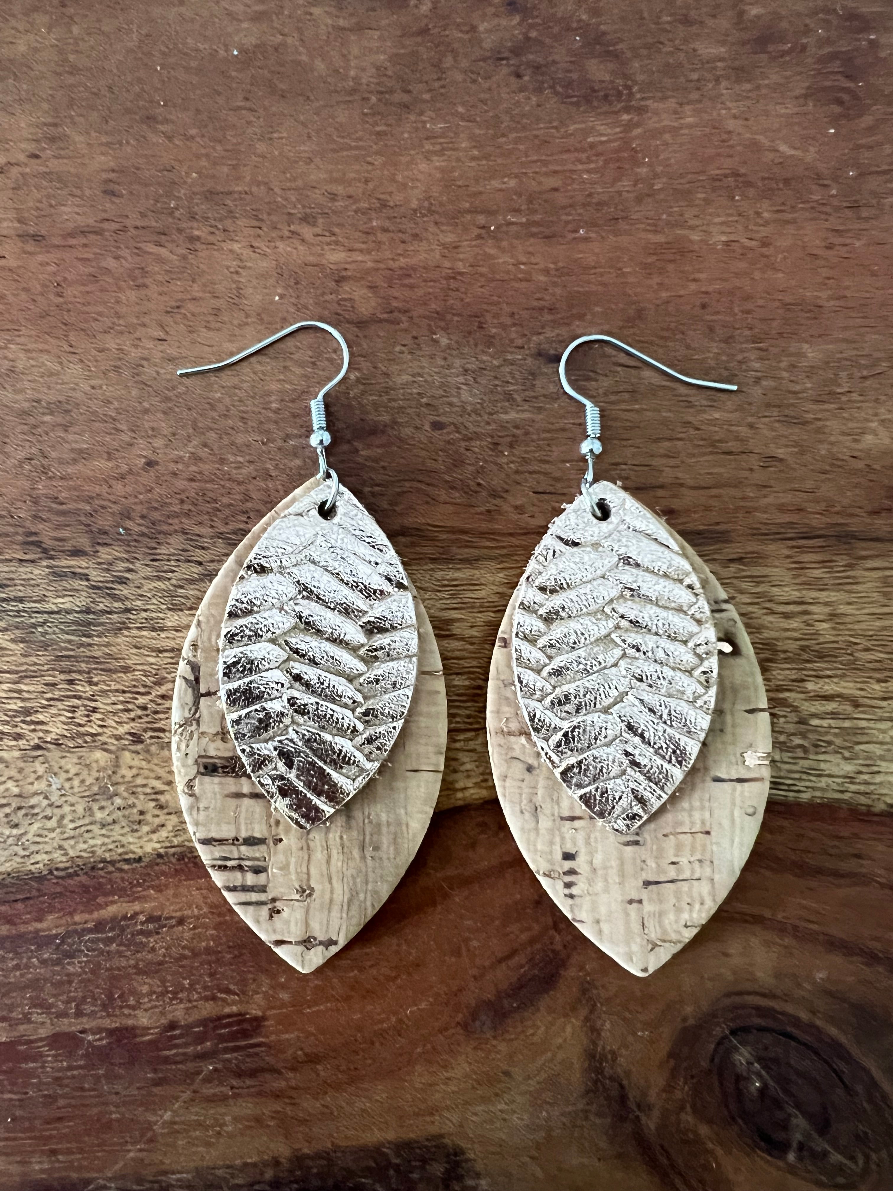 Rose Gold Fishtail and Rose Gold Cork Layered Leaf Earrings