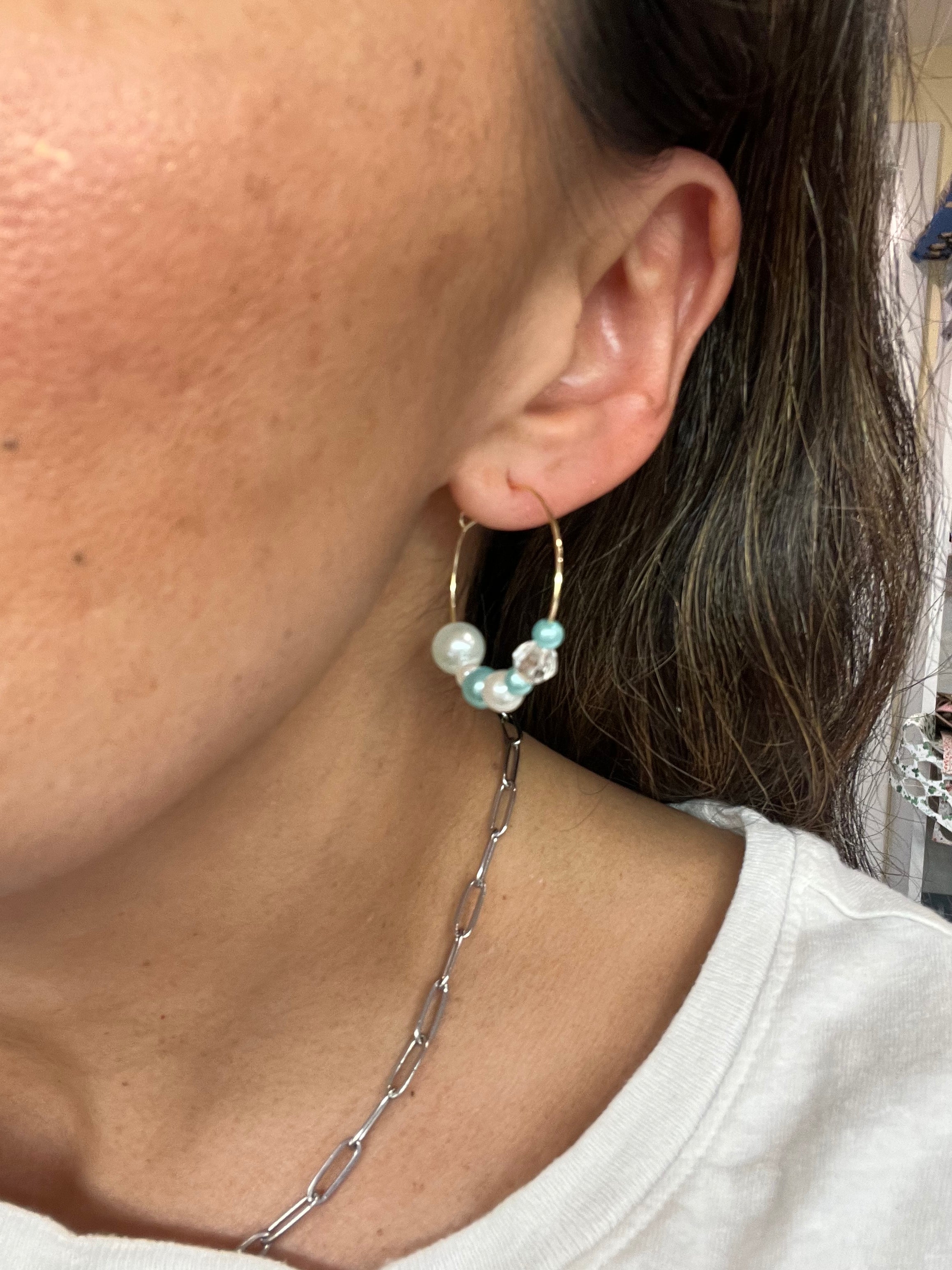 Upcycled Blue Pearl and Bead Hoop Earrings