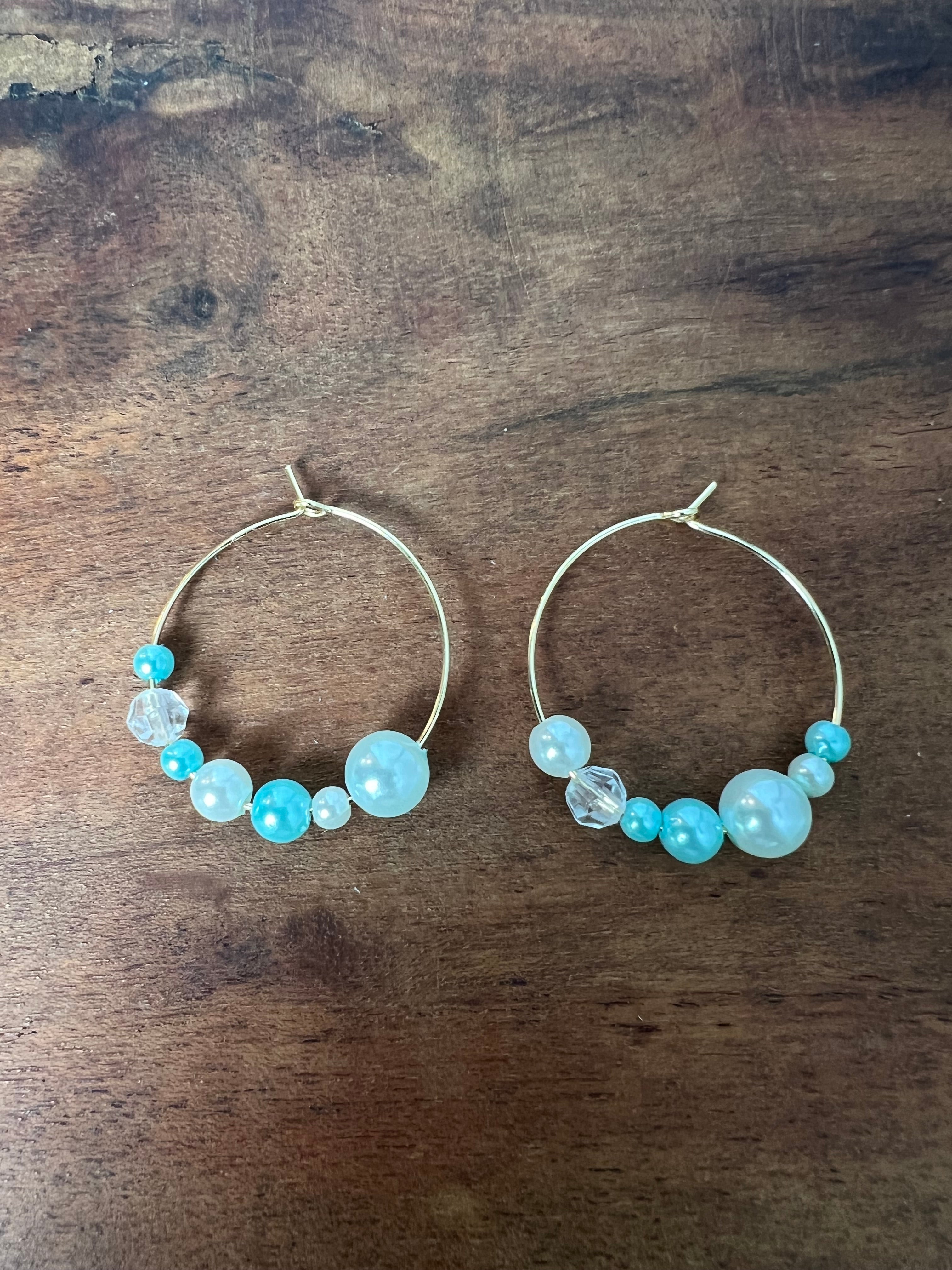 Upcycled Blue Pearl and Bead Hoop Earrings