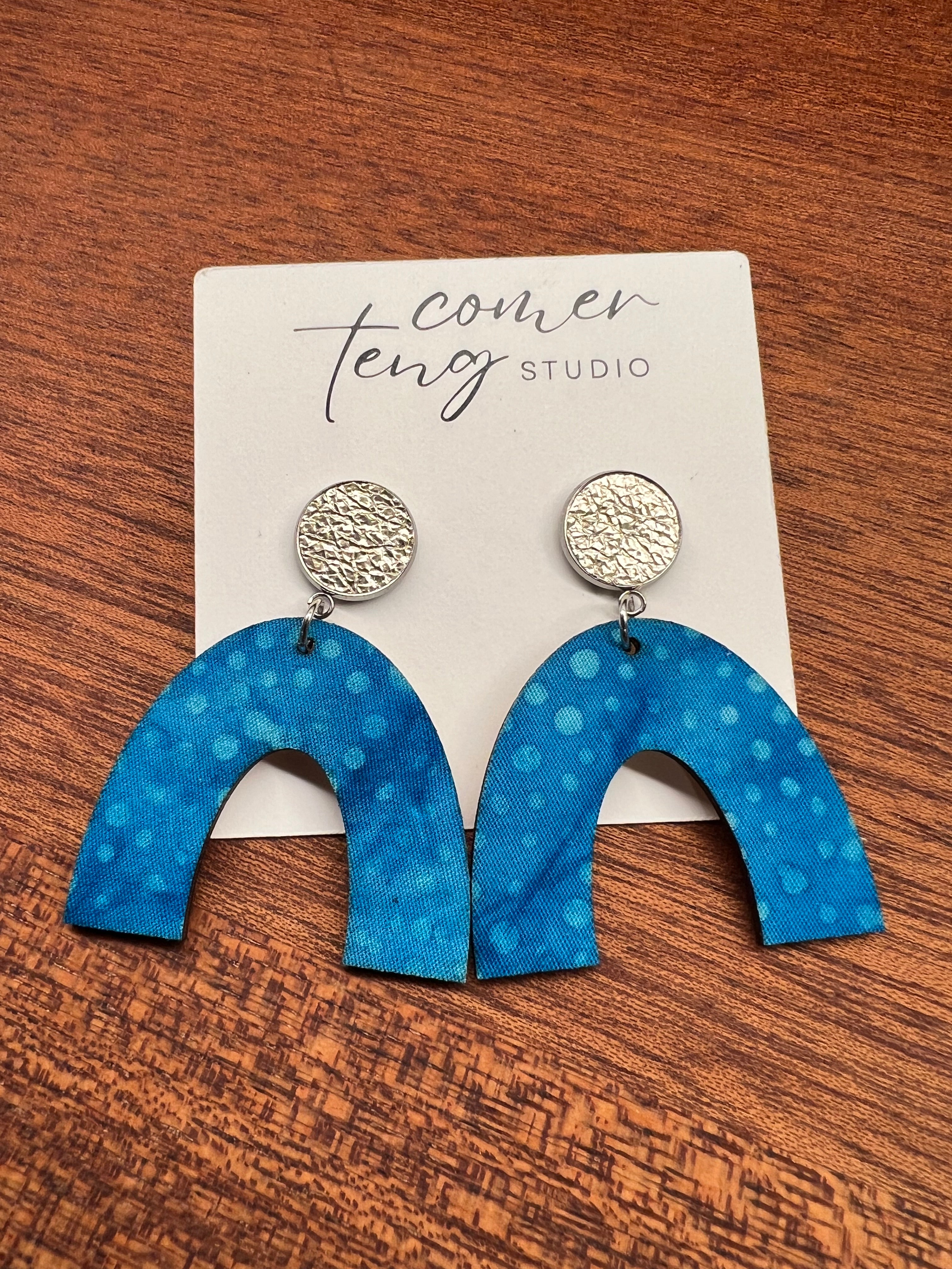 Upcycled Blue Dot and Champagne Stud Dangle Earrings