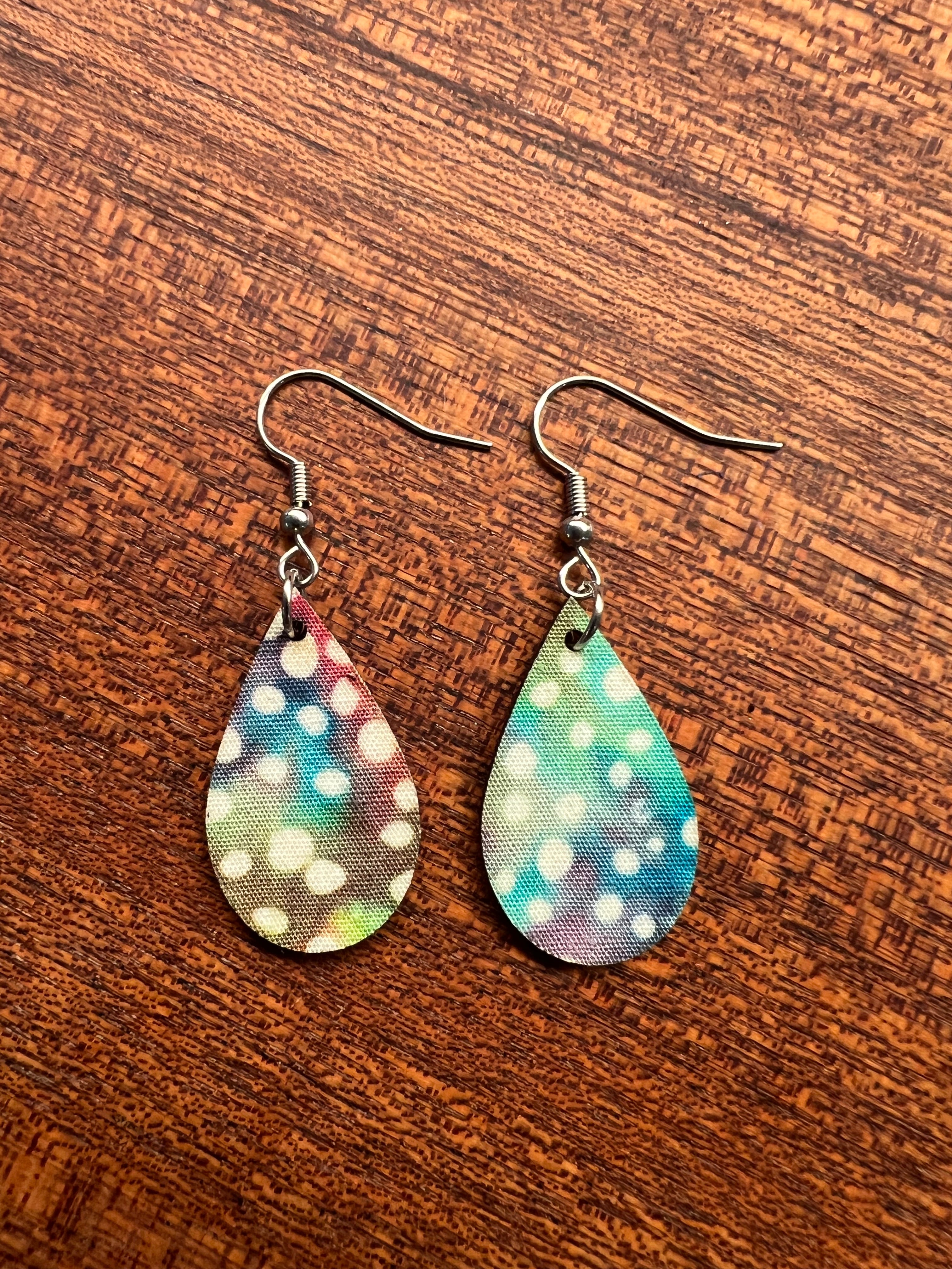 Upcycled Rainbow Tie Dye Dot Floral Mini Teardrop Earrings