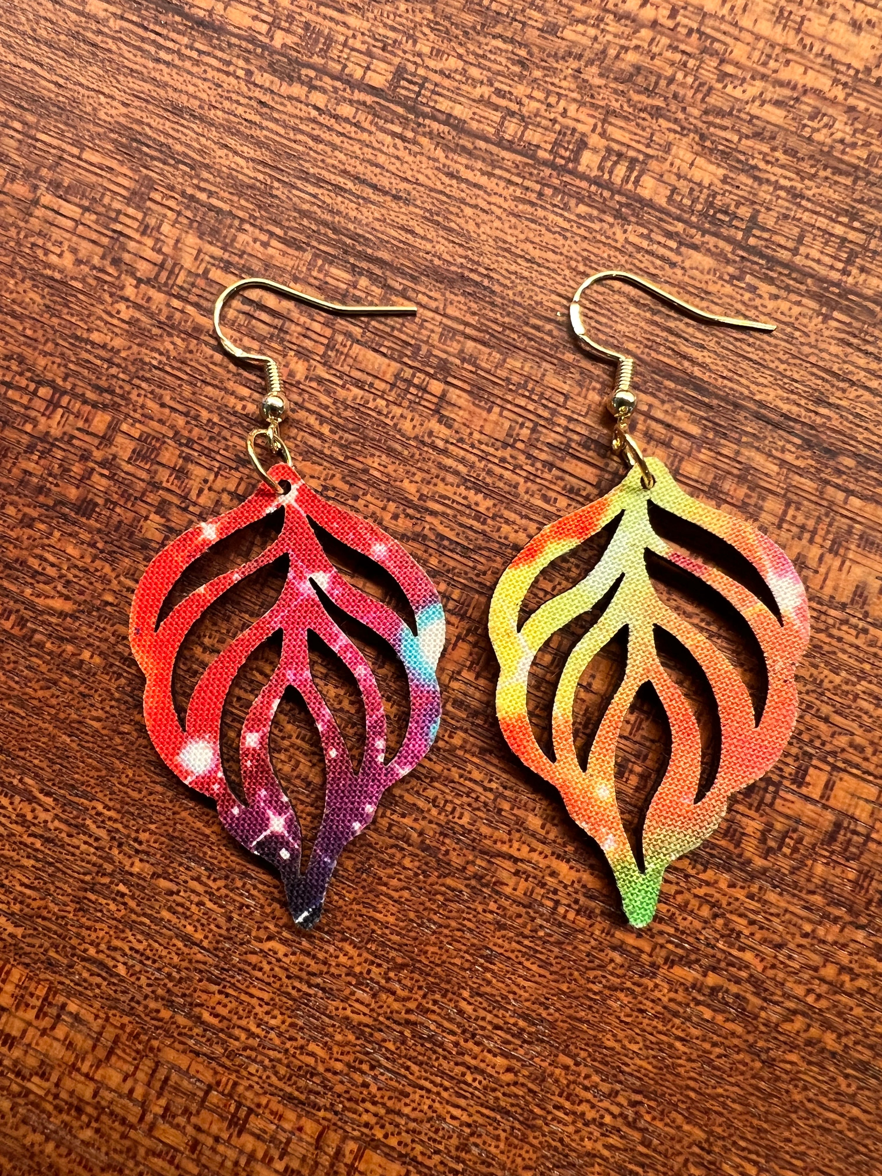 Rainbow Galaxy Feather Leaf Earrings