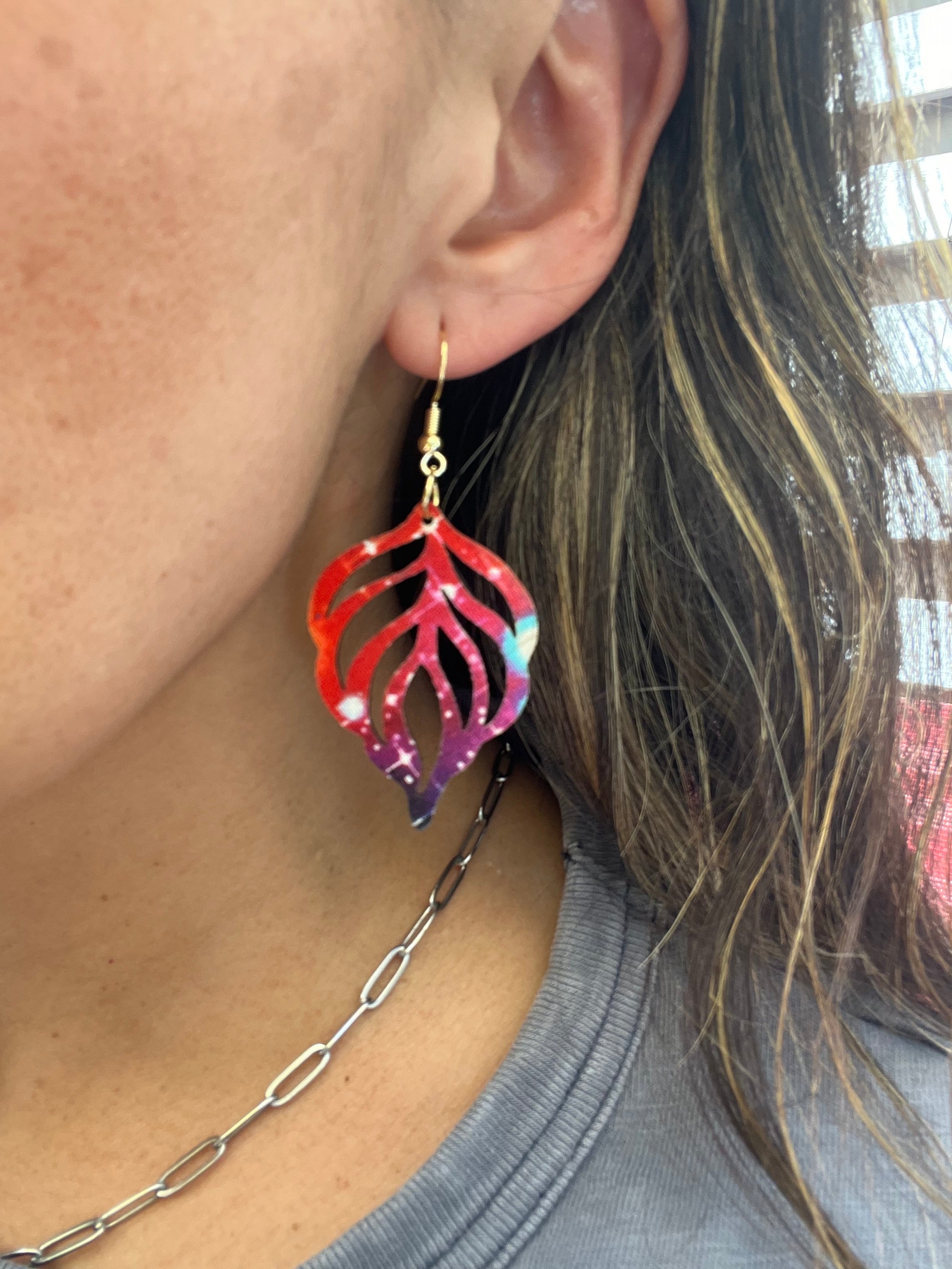 Rainbow Galaxy Feather Leaf Earrings