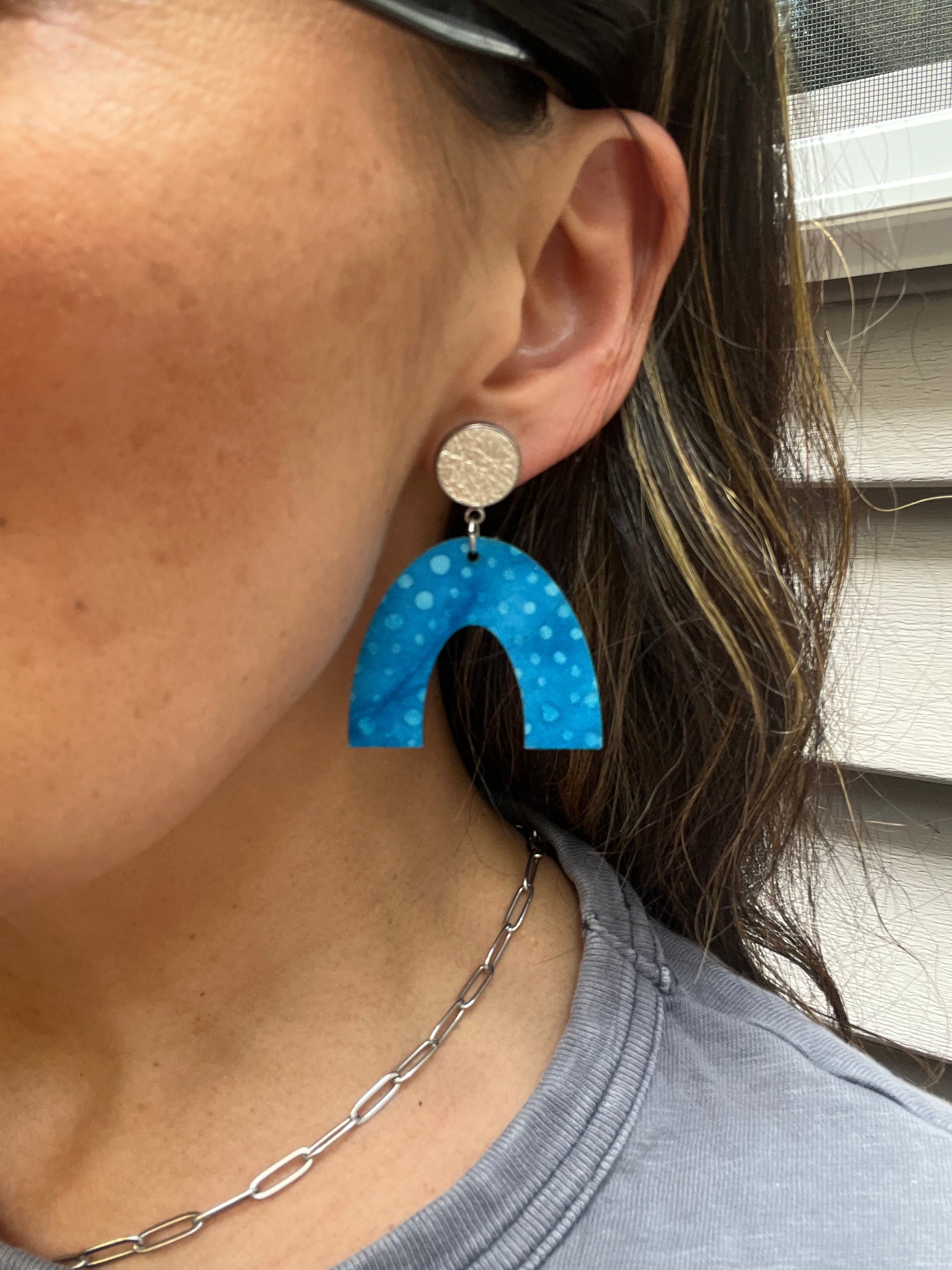 Upcycled Blue Dot and Champagne Stud Dangle Earrings