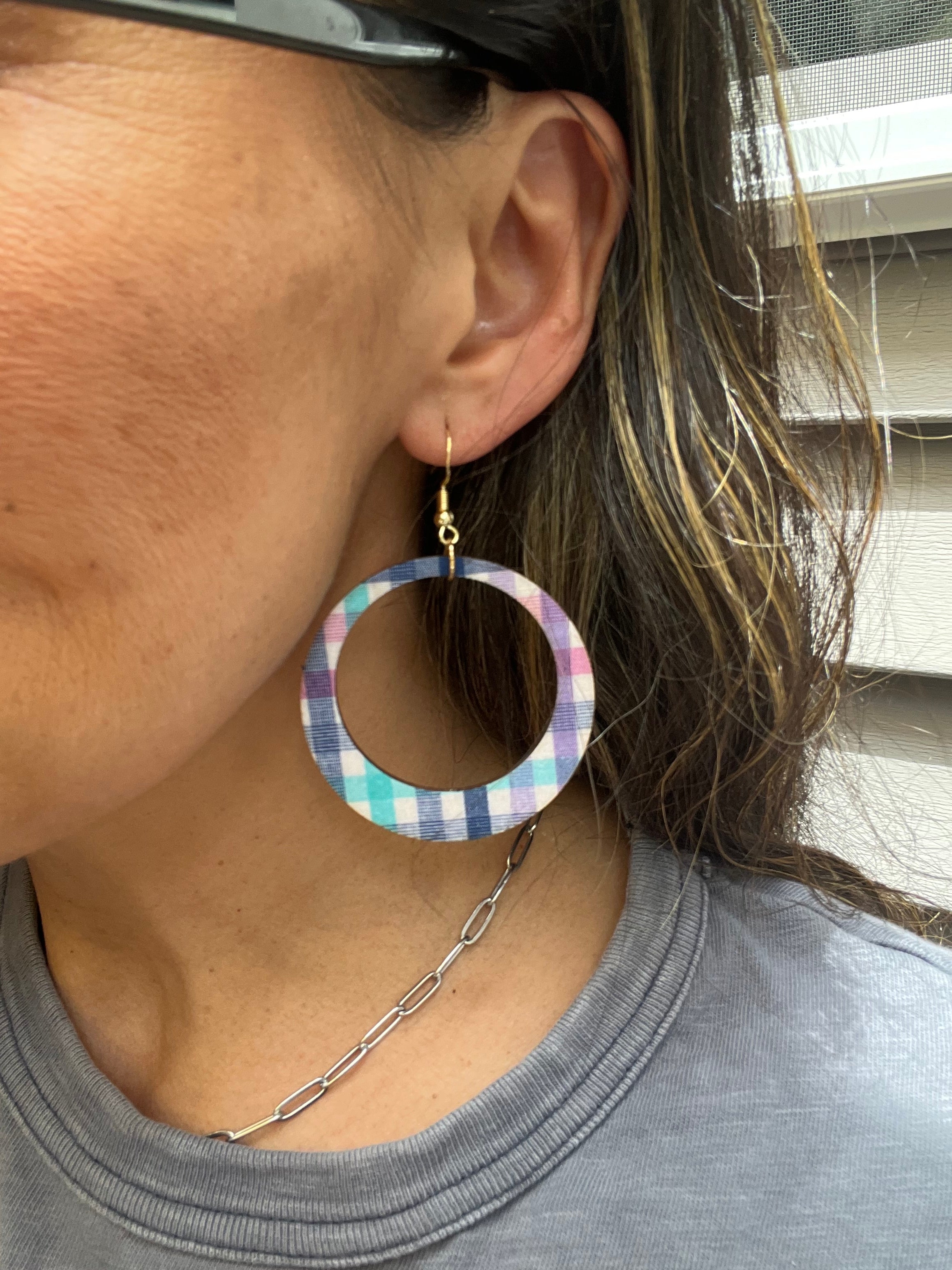 Upcycled Spring Plaid Hoop Earrings